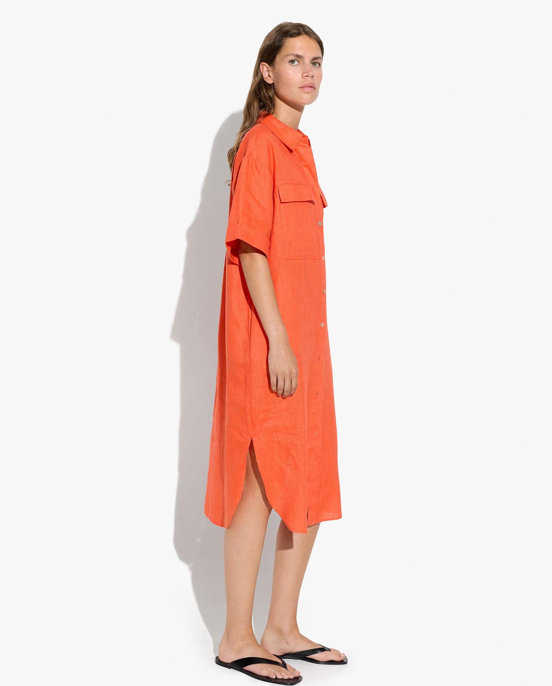Vestido midi 100% lino estilo camisero con cierre de botones en liso - Parfois - Naranja Naranja-3