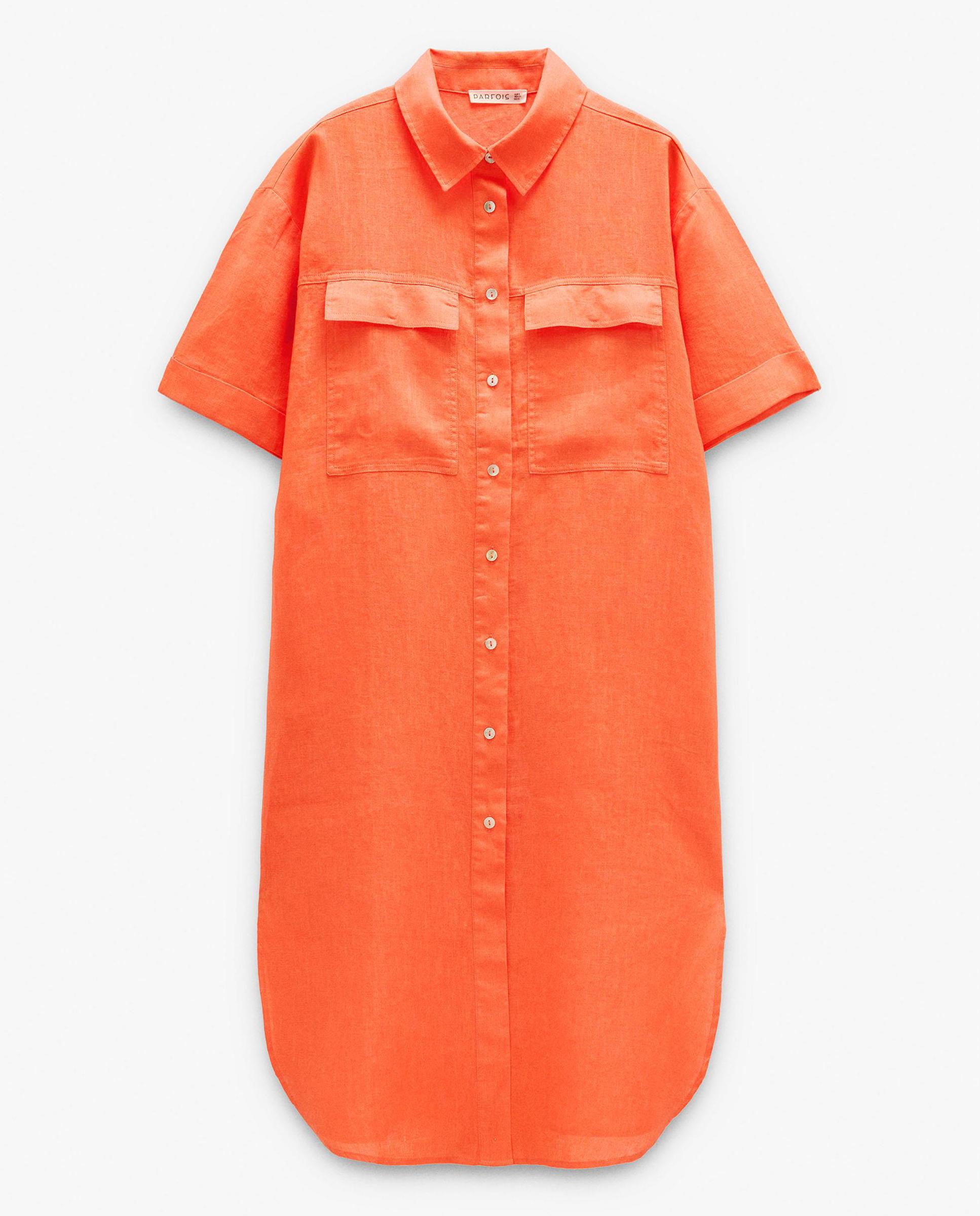 Vestido midi 100% lino estilo camisero con cierre de botones en liso - Parfois - Naranja Naranja-6