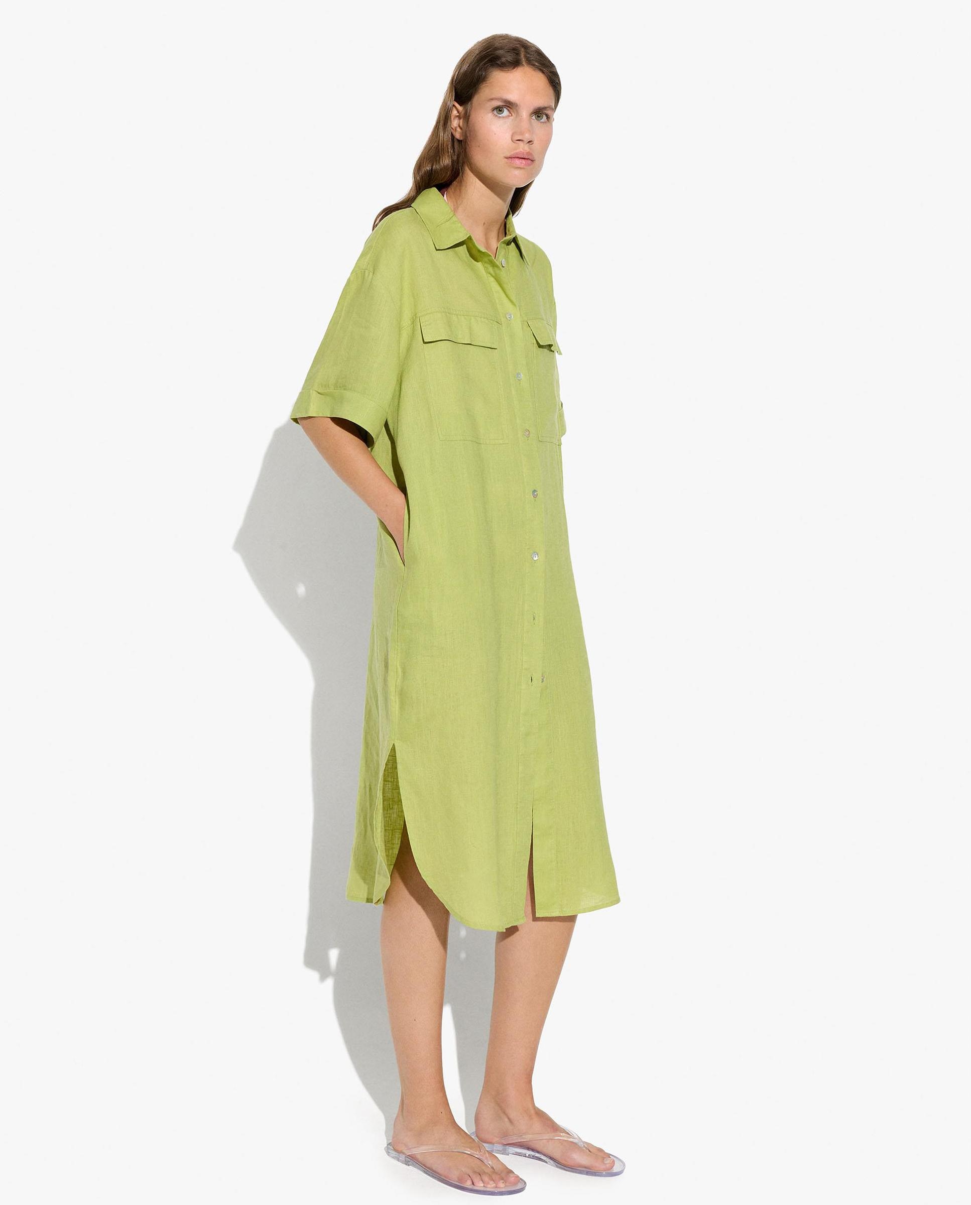 Vestido midi 100% lino estilo camisero con cierre de botones en liso - Parfois - Verde Verde-2