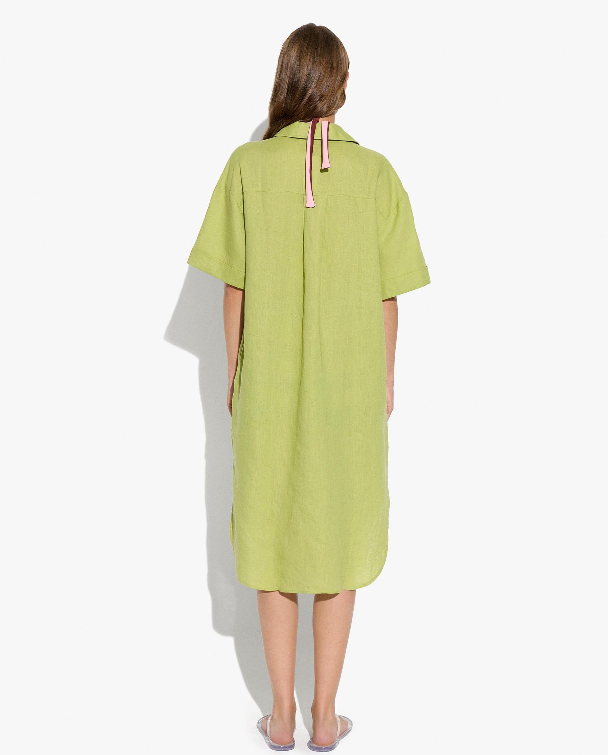 Vestido midi 100% lino estilo camisero con cierre de botones en liso - Parfois - Verde Verde-3