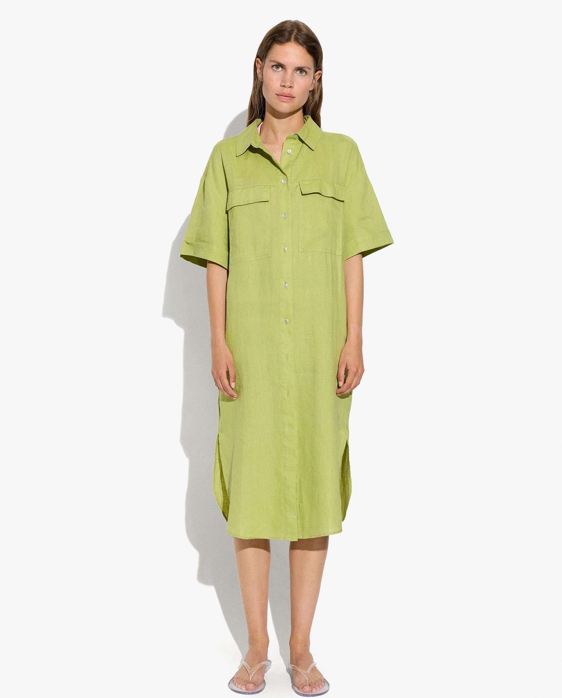 Vestido midi 100% lino estilo camisero con cierre de botones en liso - Parfois - Verde Verde-4