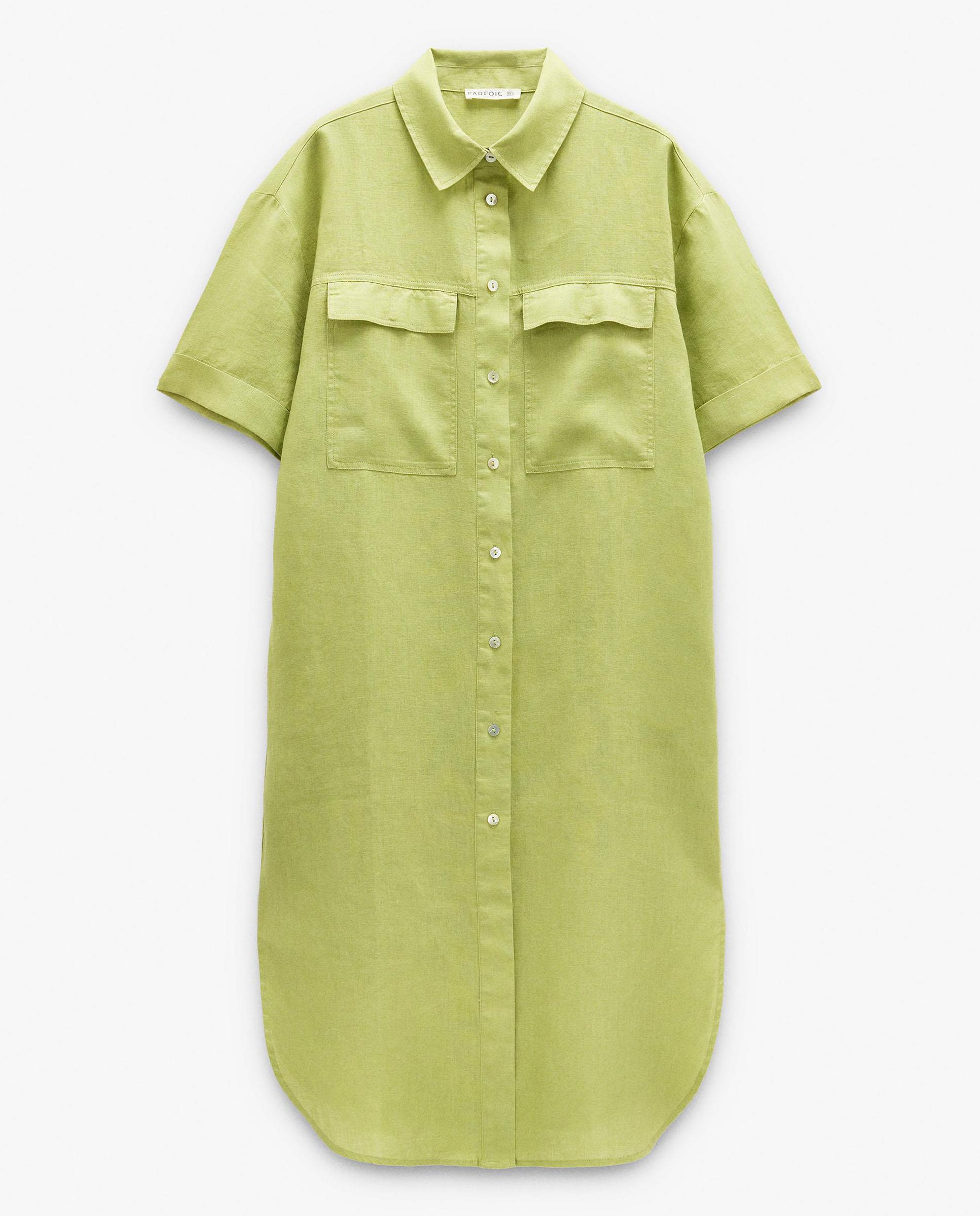 Vestido midi 100% lino estilo camisero con cierre de botones en liso - Parfois - Verde Verde-6