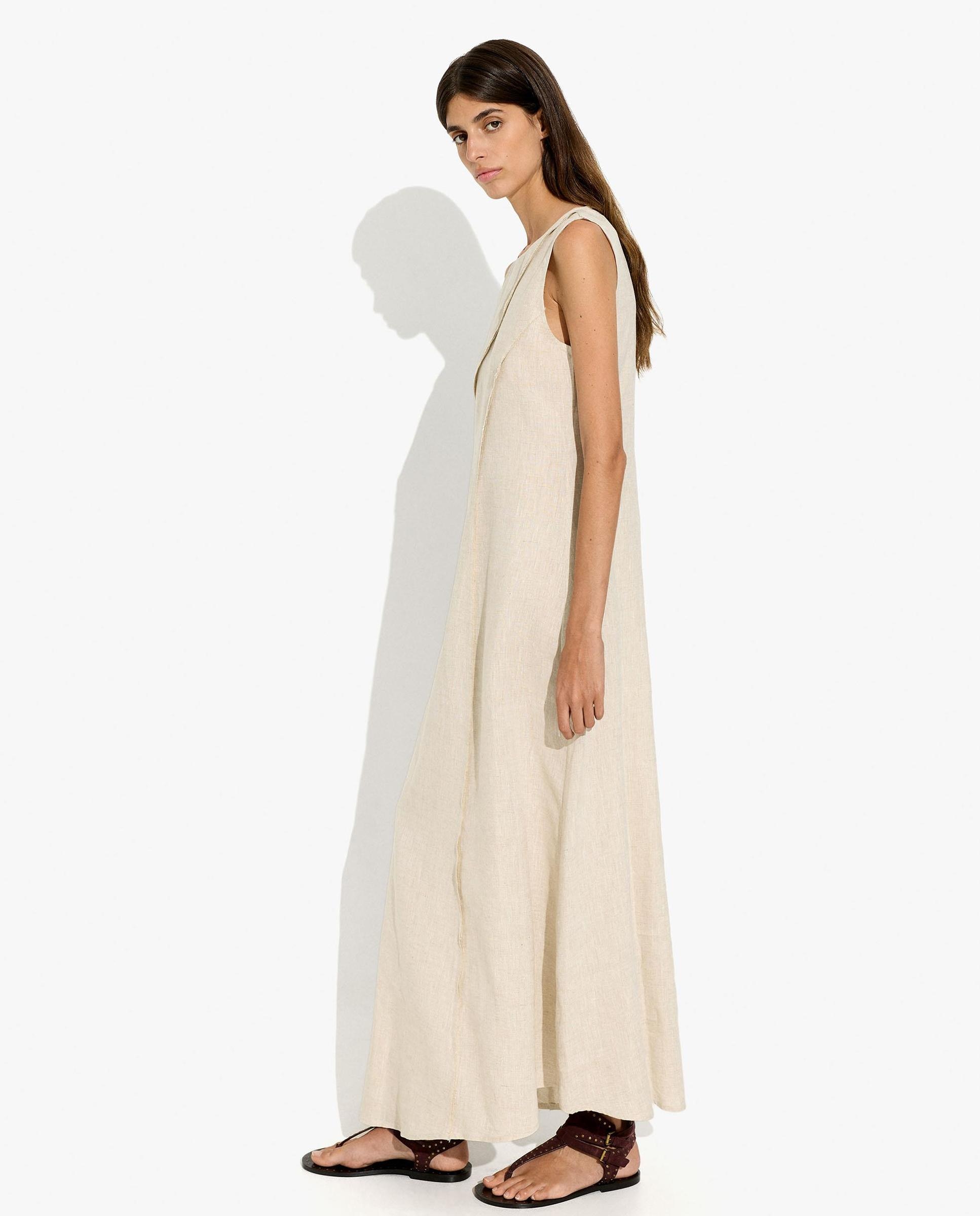 Vestido largo 100% lino estilo oversize en liso - Parfois - Crudo Crudo-2