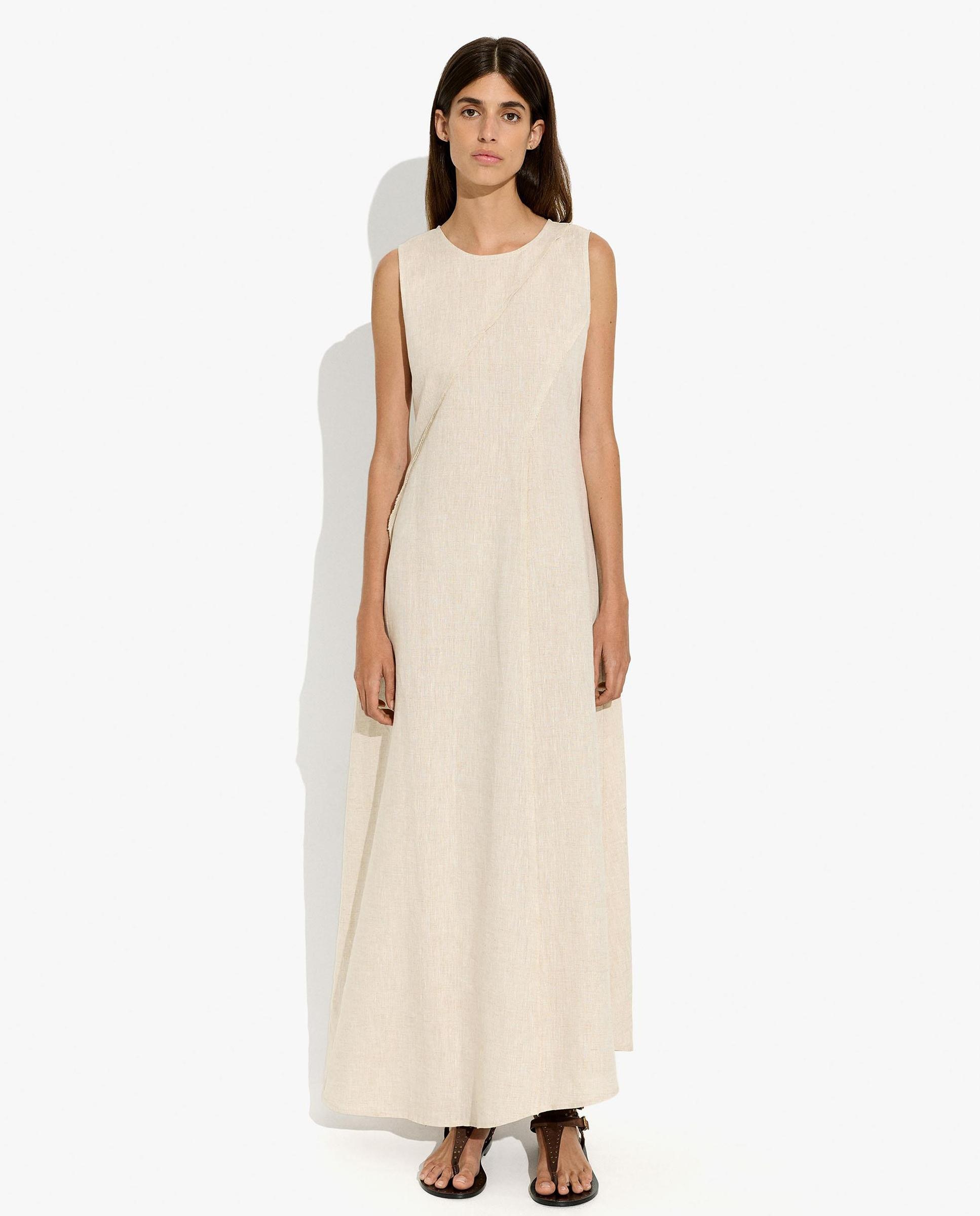 Vestido largo 100% lino estilo oversize en liso - Parfois - Crudo Crudo-4