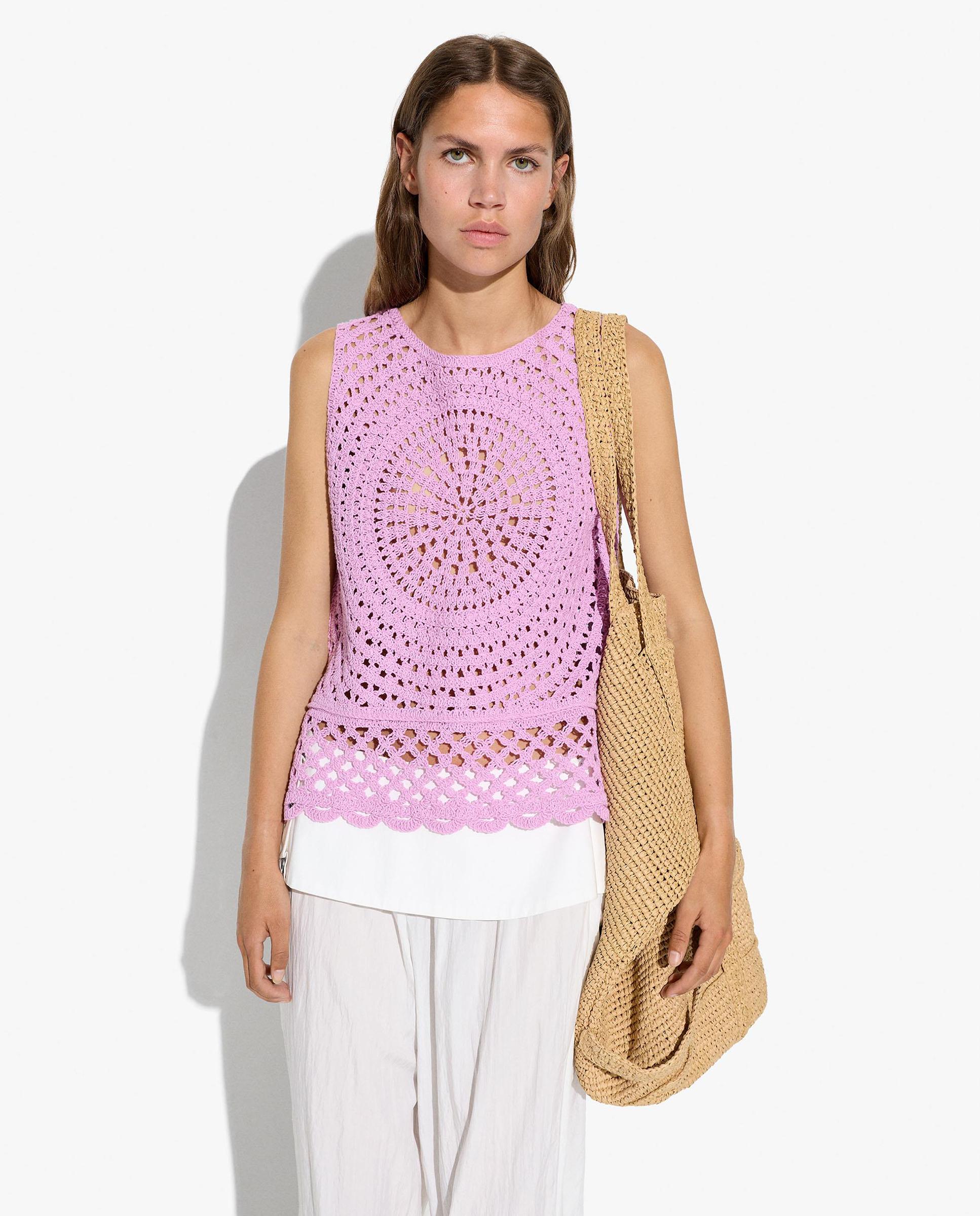 Top de mujer 100% algodón de crochet en liso - Parfois - Rosa Rosa-1
