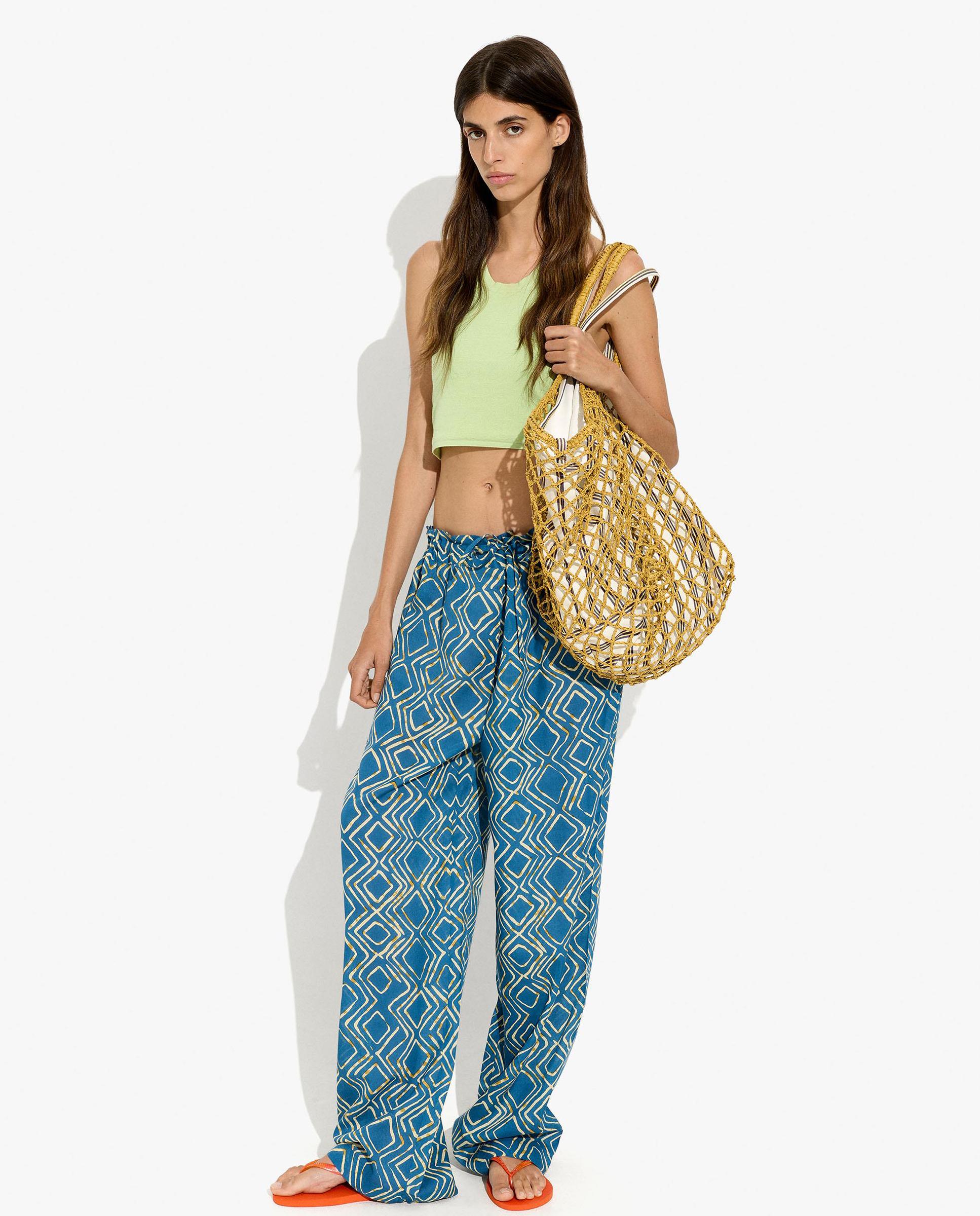 Pantalones anchos de mujer con cintura elástica y estampado geométrico - Parfois - Azul Azul-1