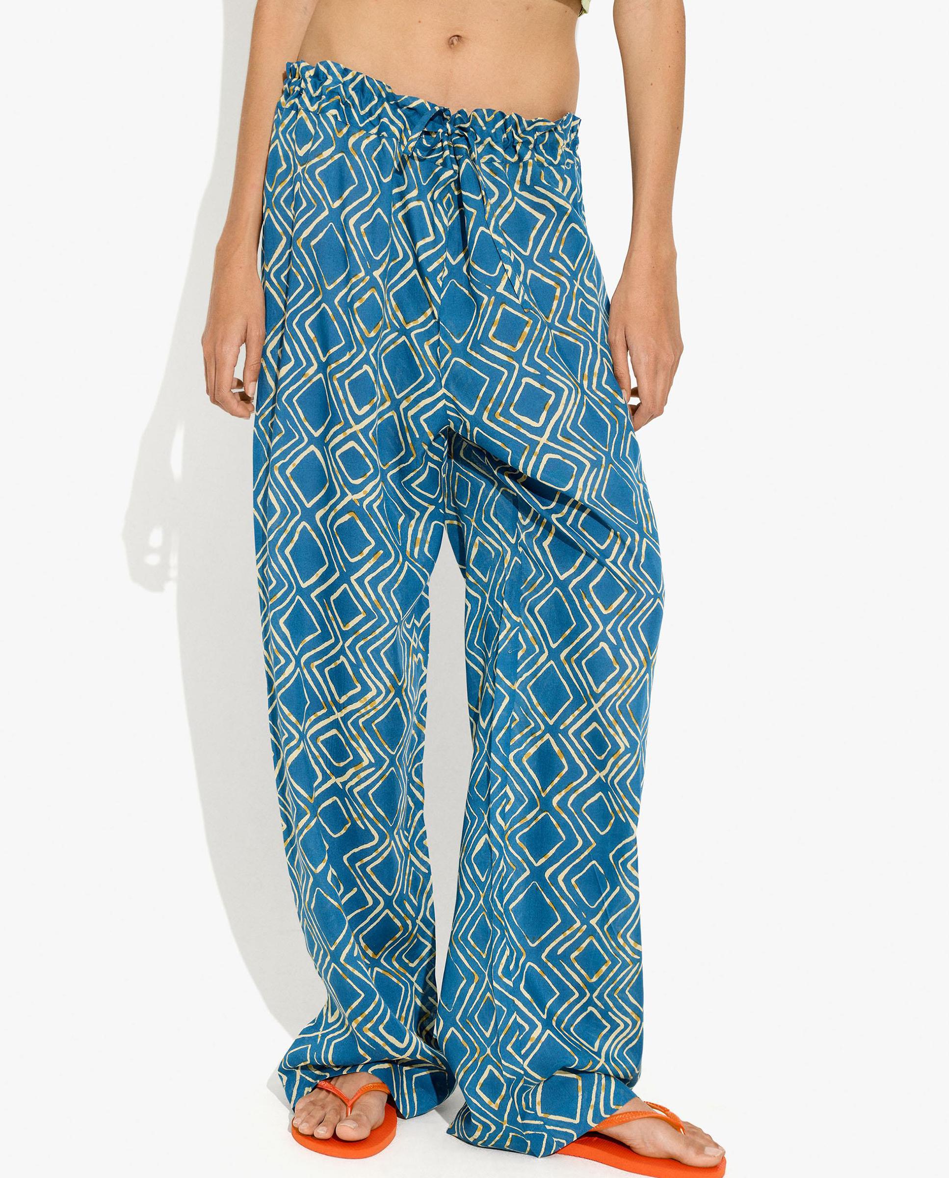 Pantalones anchos de mujer con cintura elástica y estampado geométrico - Parfois - Azul Azul-2