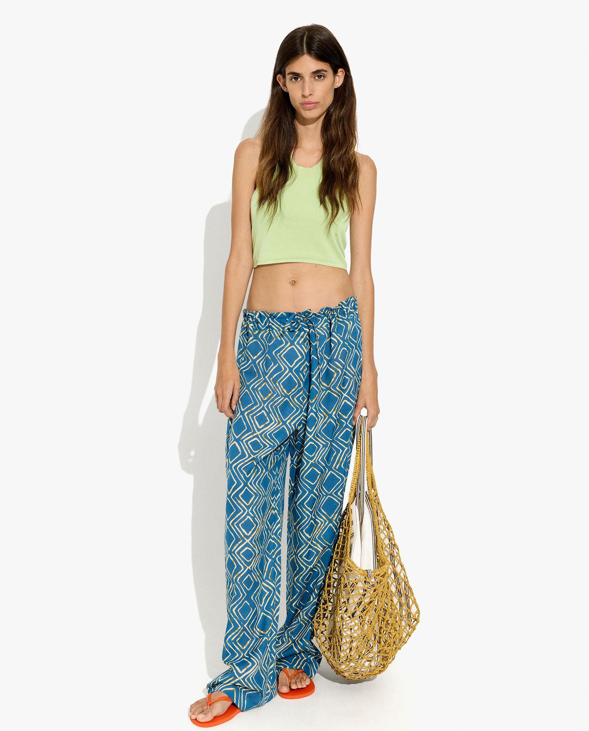 Pantalones anchos de mujer con cintura elástica y estampado geométrico - Parfois - Azul Azul-5