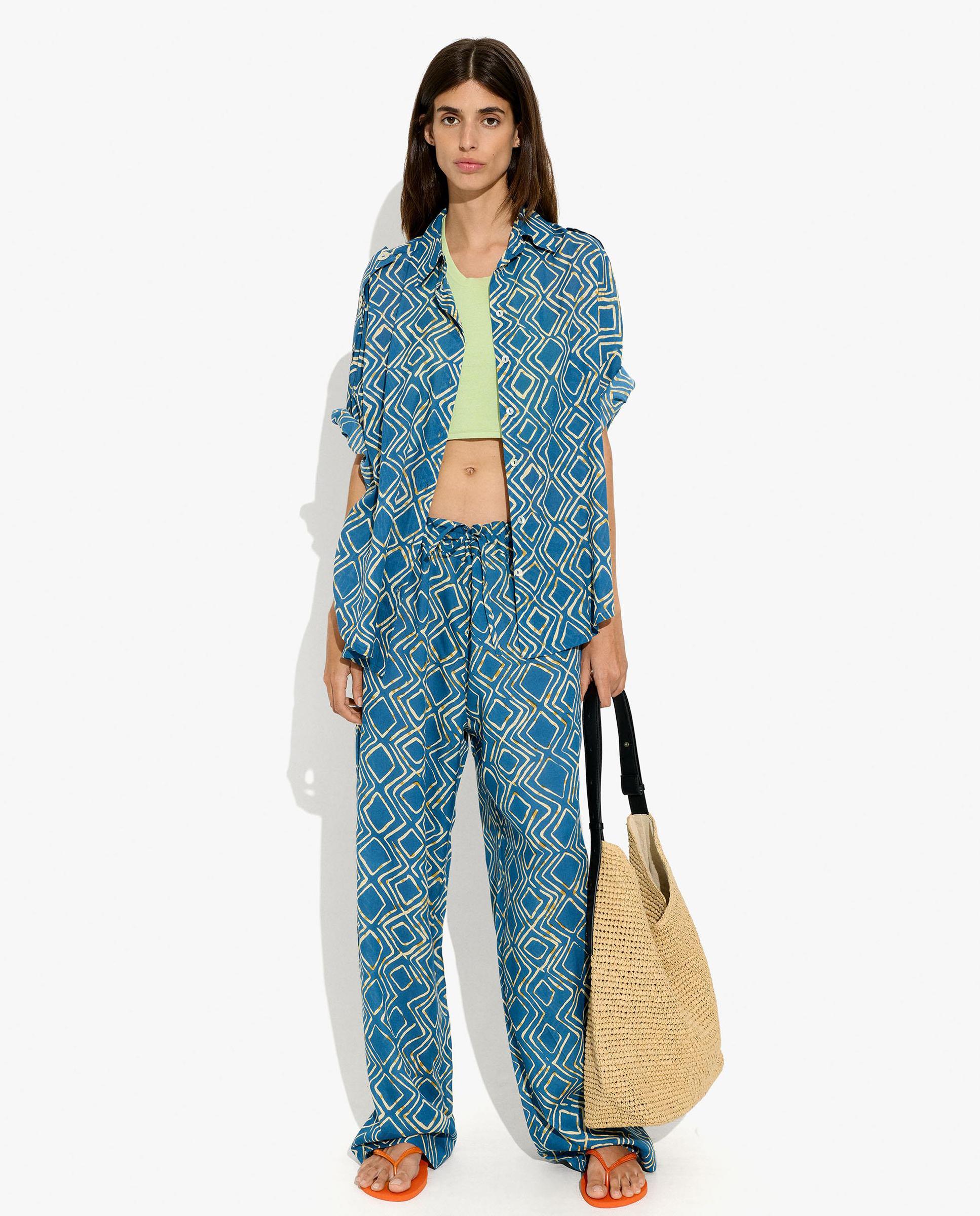 Pantalones anchos de mujer con cintura elástica y estampado geométrico - Parfois - Azul Azul-6