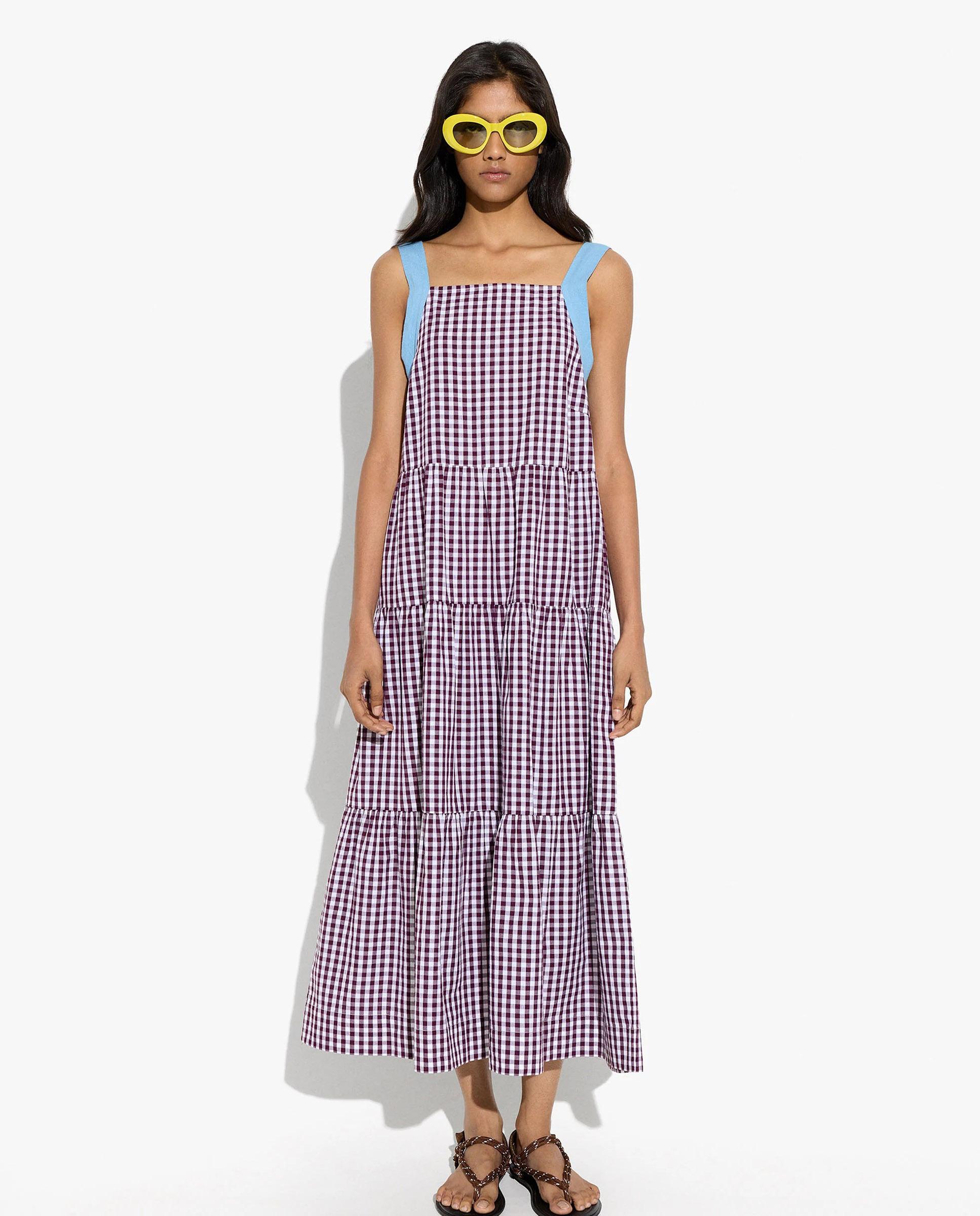 Parfois - Vestido midi 100% algodón de tirantes con estampado vichy.
