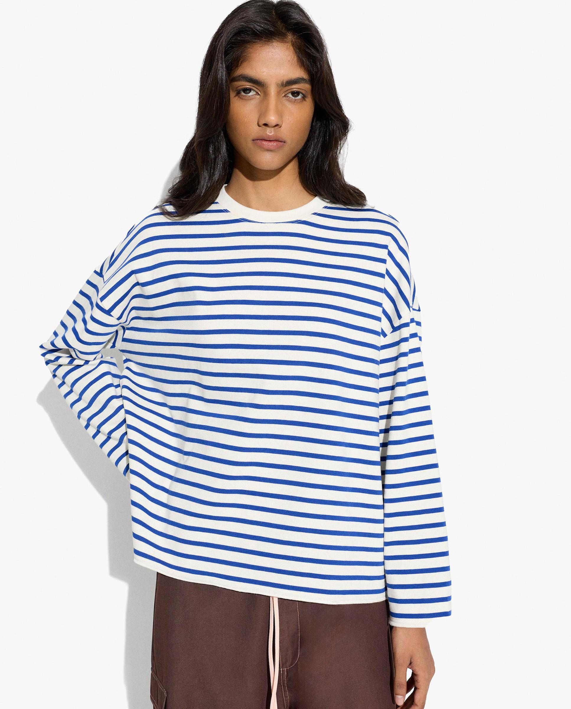 Parfois - Camiseta de mujer 100% algodón de manga larga con estampado de rayas.