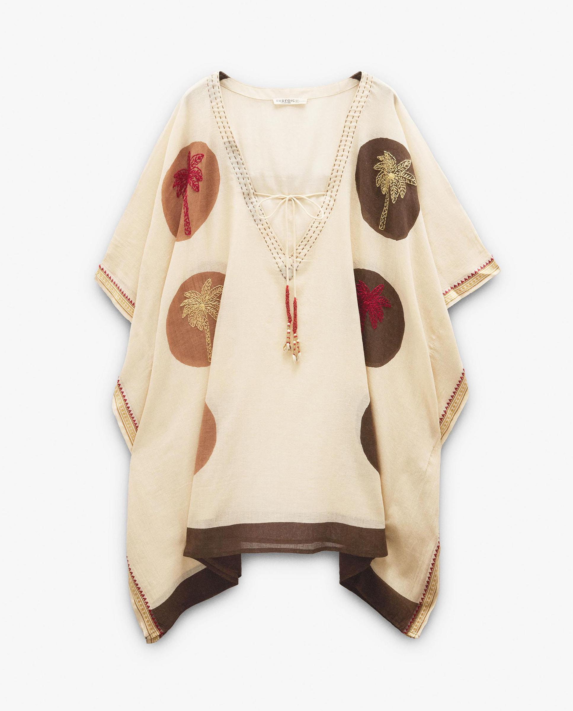 Caftán de mujer estilo vestido 100% algodón con estampado de lunares y bordados - Parfois - Beige Beige-1