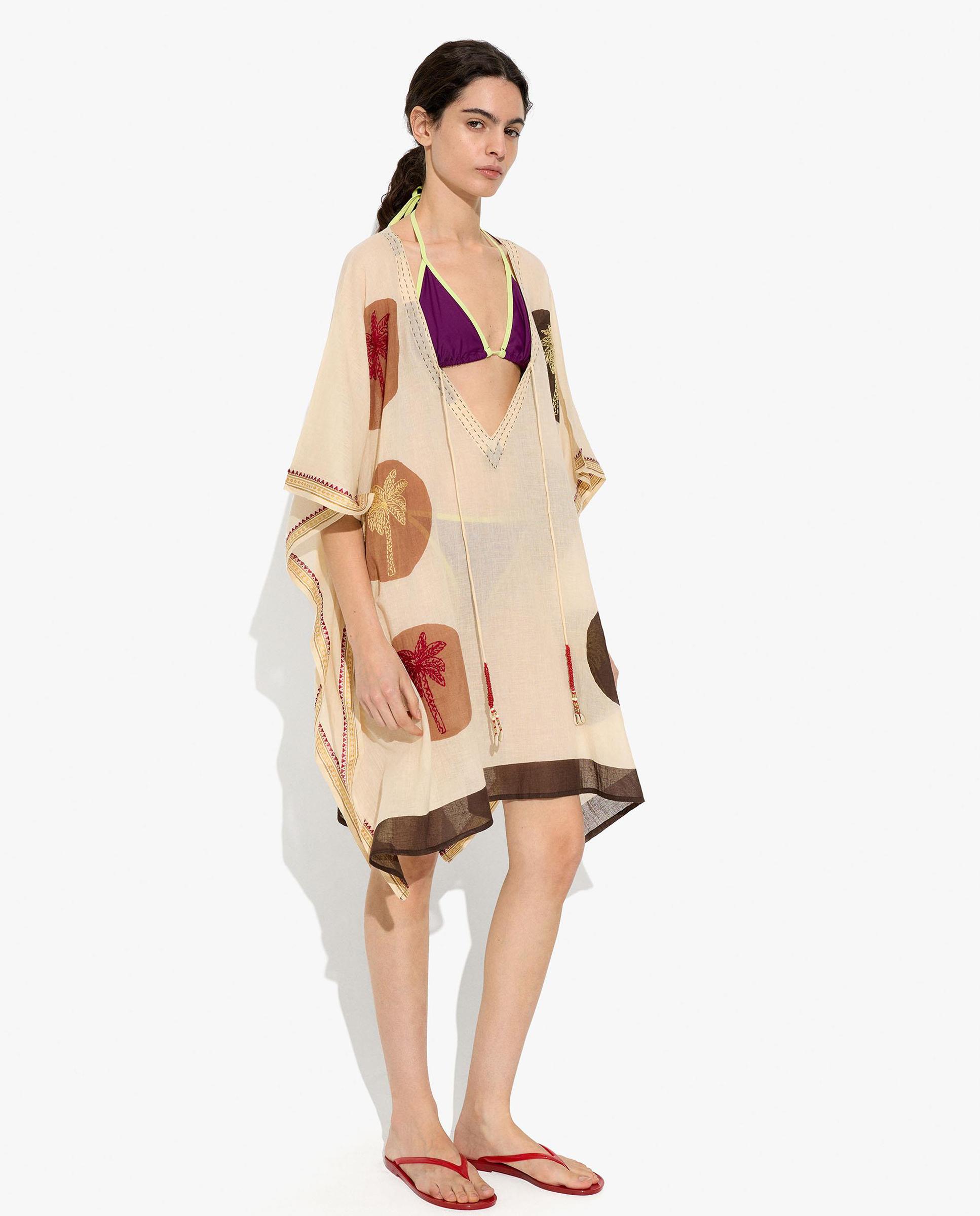Caftán de mujer estilo vestido 100% algodón con estampado de lunares y bordados - Parfois - Beige Beige-2