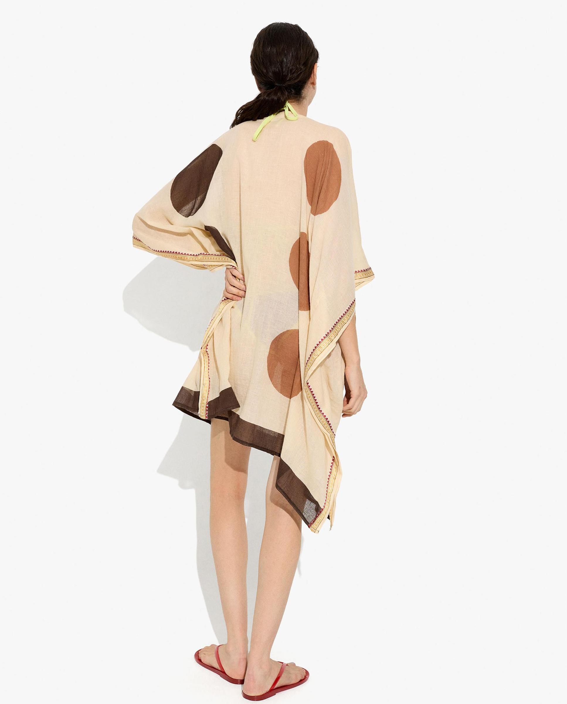 Caftán de mujer estilo vestido 100% algodón con estampado de lunares y bordados - Parfois - Beige Beige-3