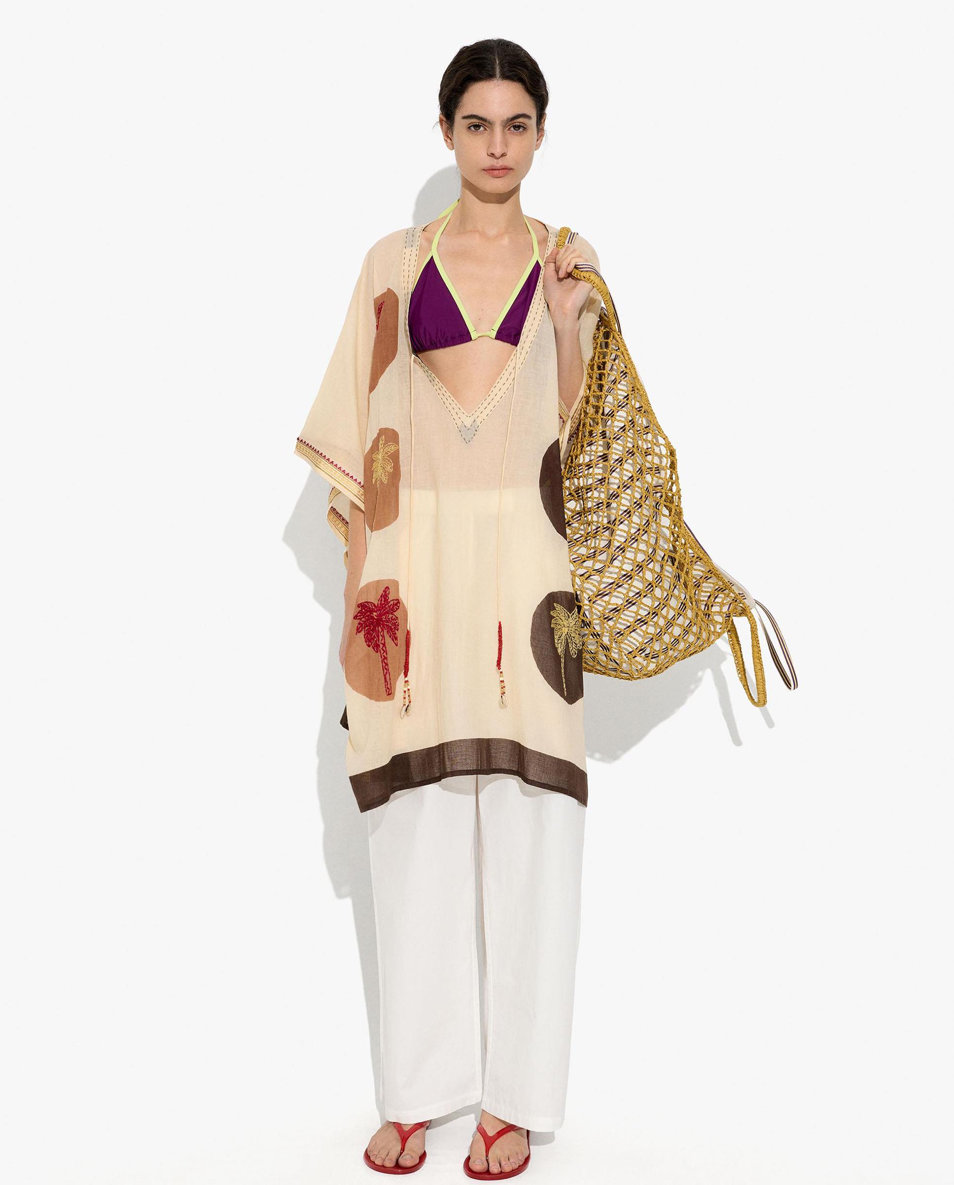 Caftán de mujer estilo vestido 100% algodón con estampado de lunares y bordados - Parfois - Beige Beige-4