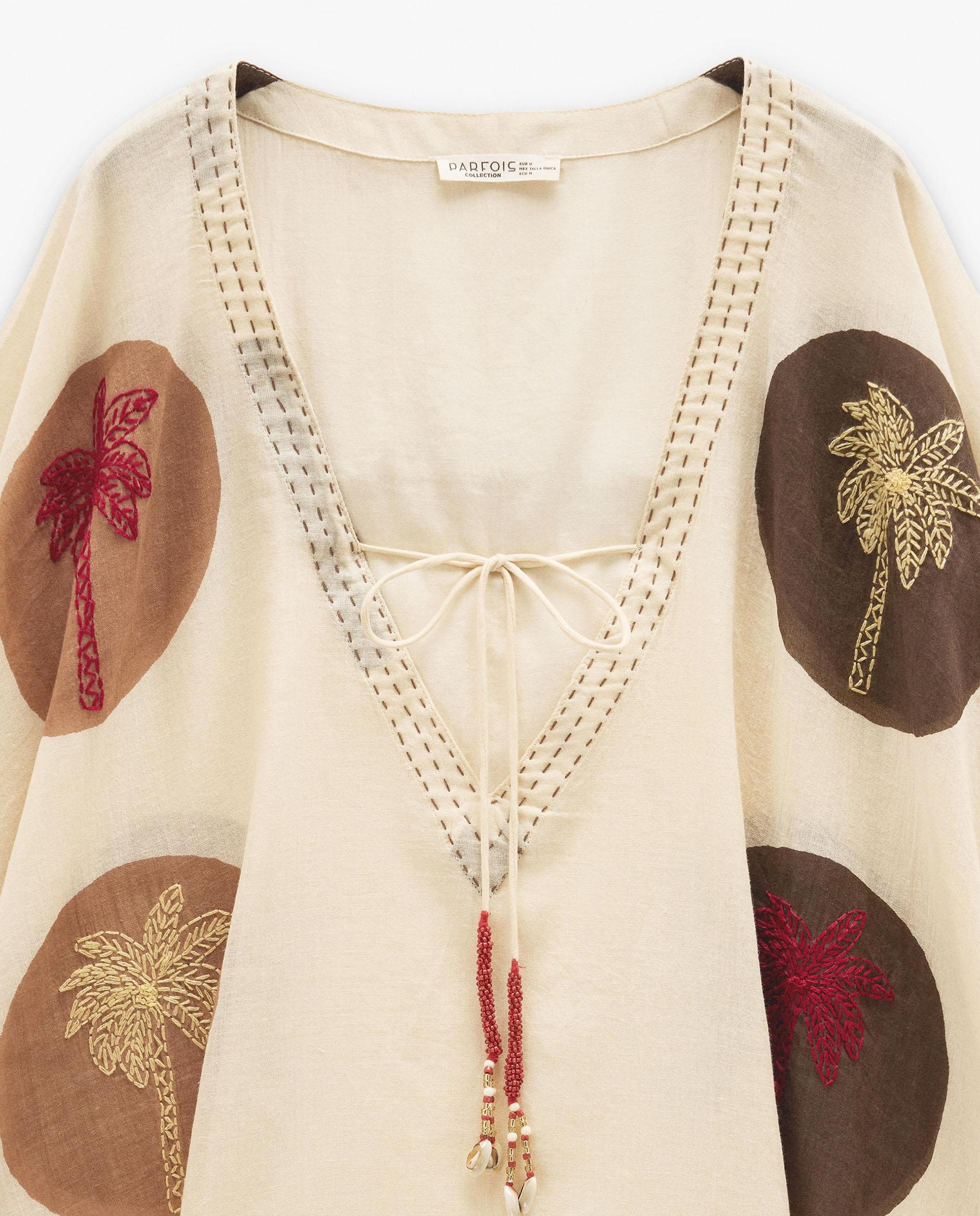 Caftán de mujer estilo vestido 100% algodón con estampado de lunares y bordados - Parfois - Beige Beige-5