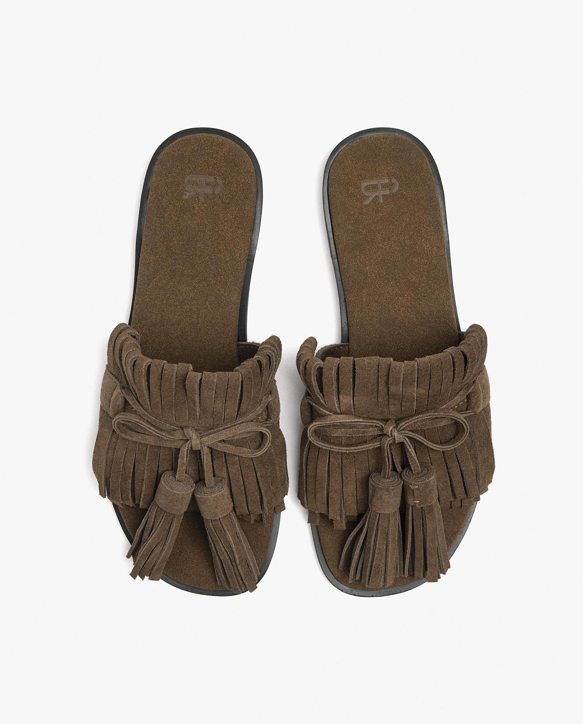 Sandalias de pala de mujer 100% piel con flecos decorativos - Parfois - Camel Camel-3