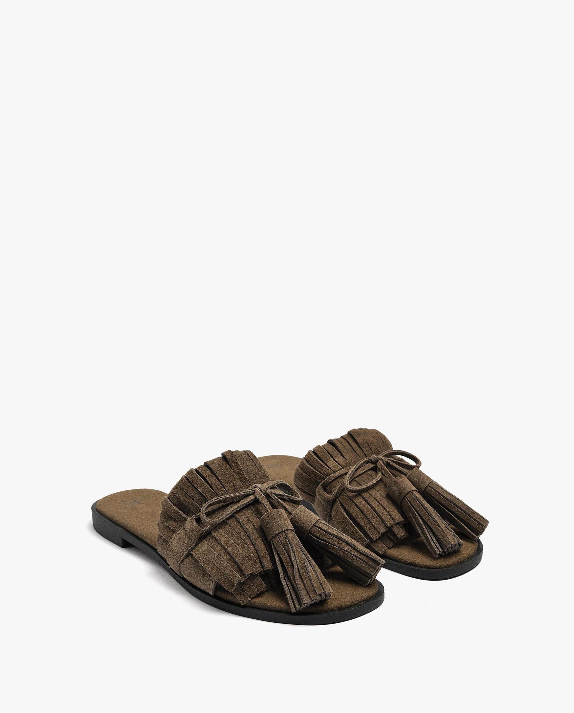 Sandalias de pala de mujer 100% piel con flecos decorativos - Parfois - Camel Camel-2