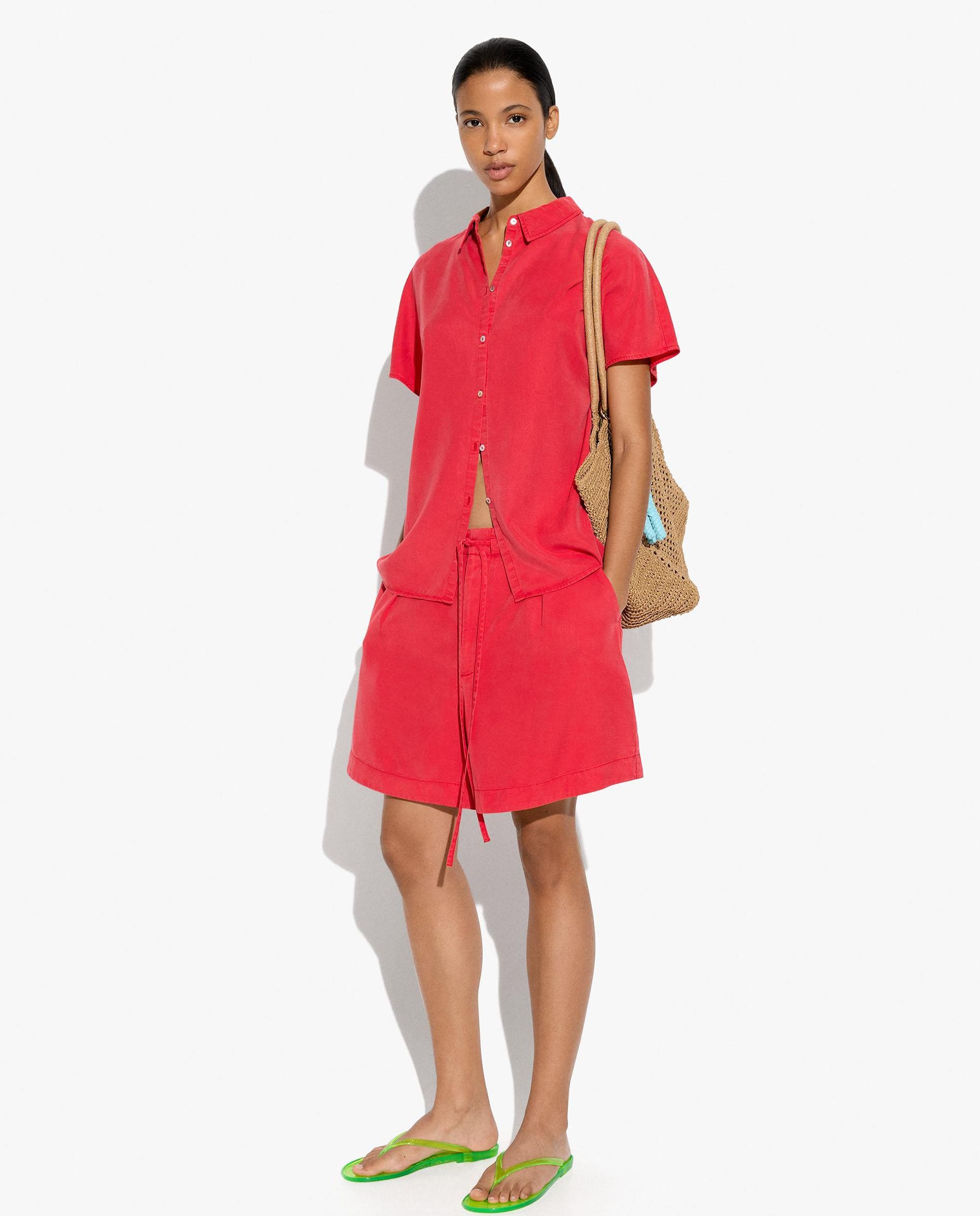 Short de mujer 100% liocel con cordón ajustable en liso - Parfois - Rojo Rojo-5
