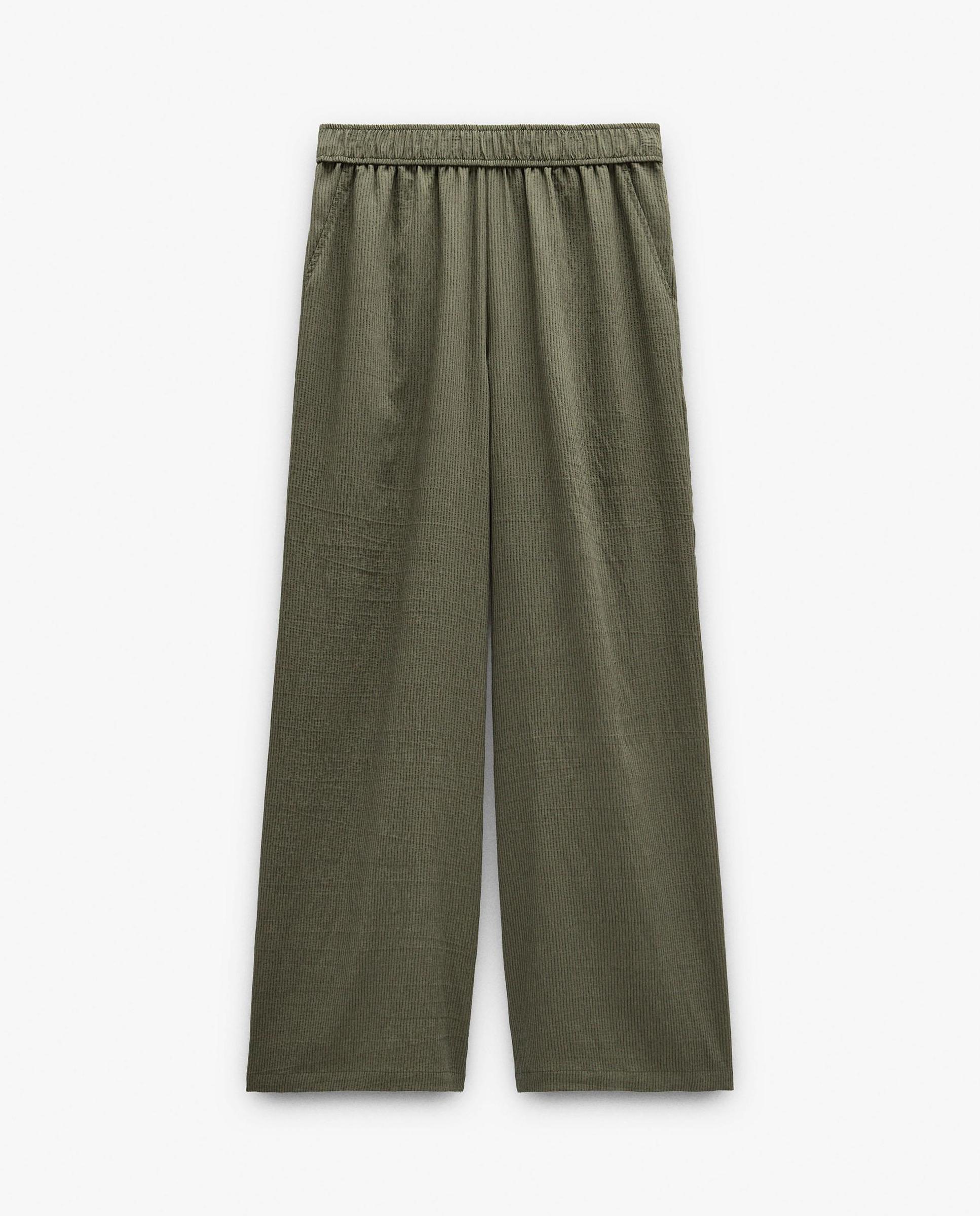 Pantalones rectos de mujer con cintura elástica y rayas texturizadas - Parfois - Kaki Kaki-6