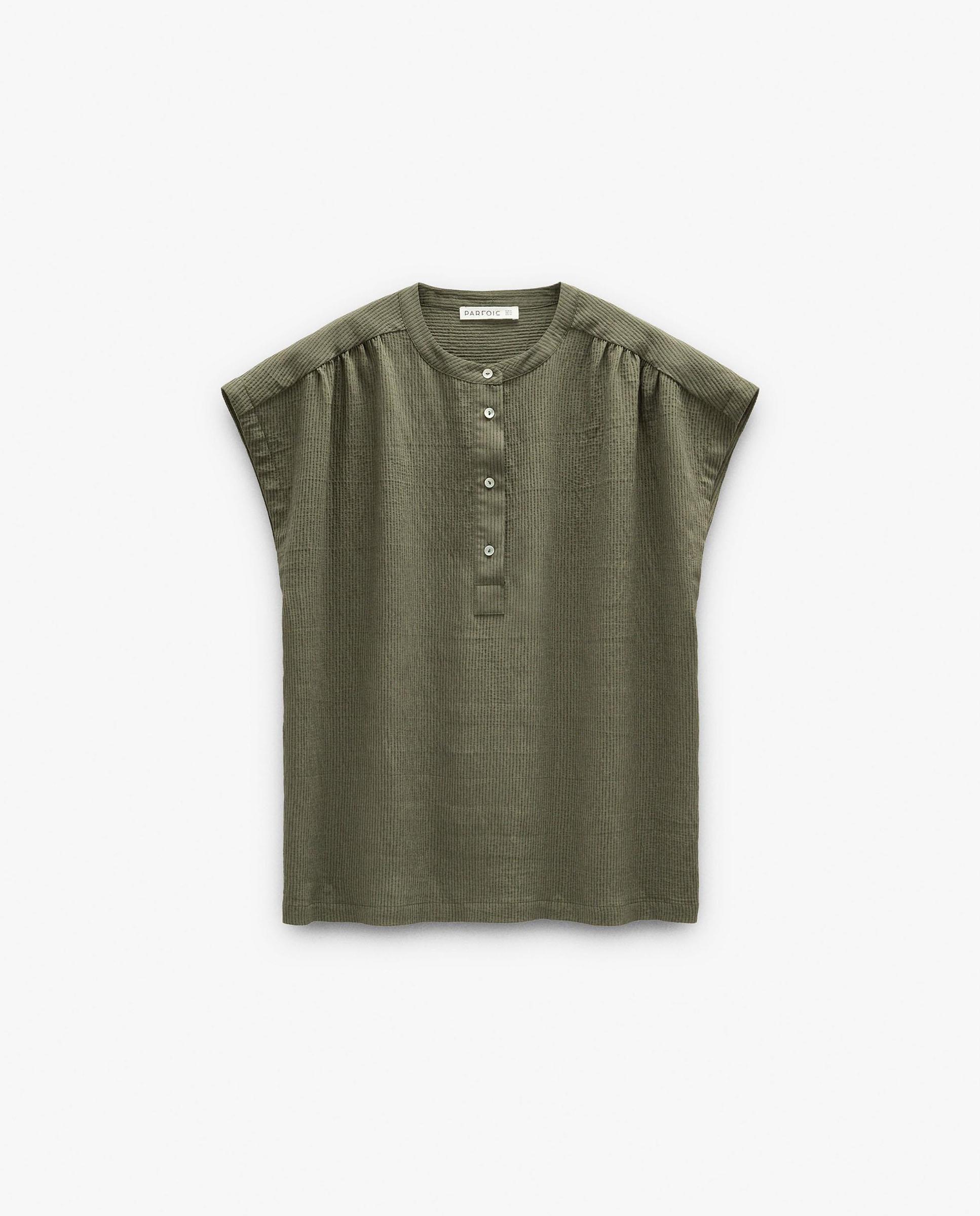 Blusa de mujer de manga corta con cuello mao con rayas texturizadas - Parfois - Kaki Kaki-6