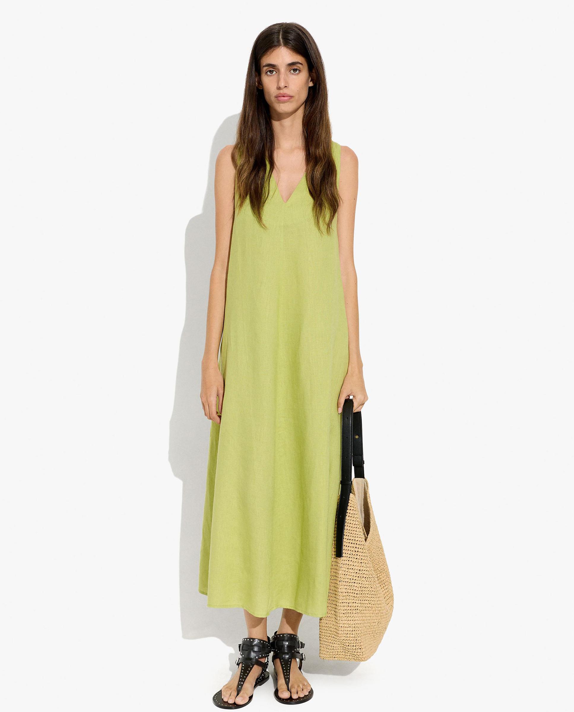 Vestido largo 100% lino fluido en liso - Parfois - Verde Verde-1