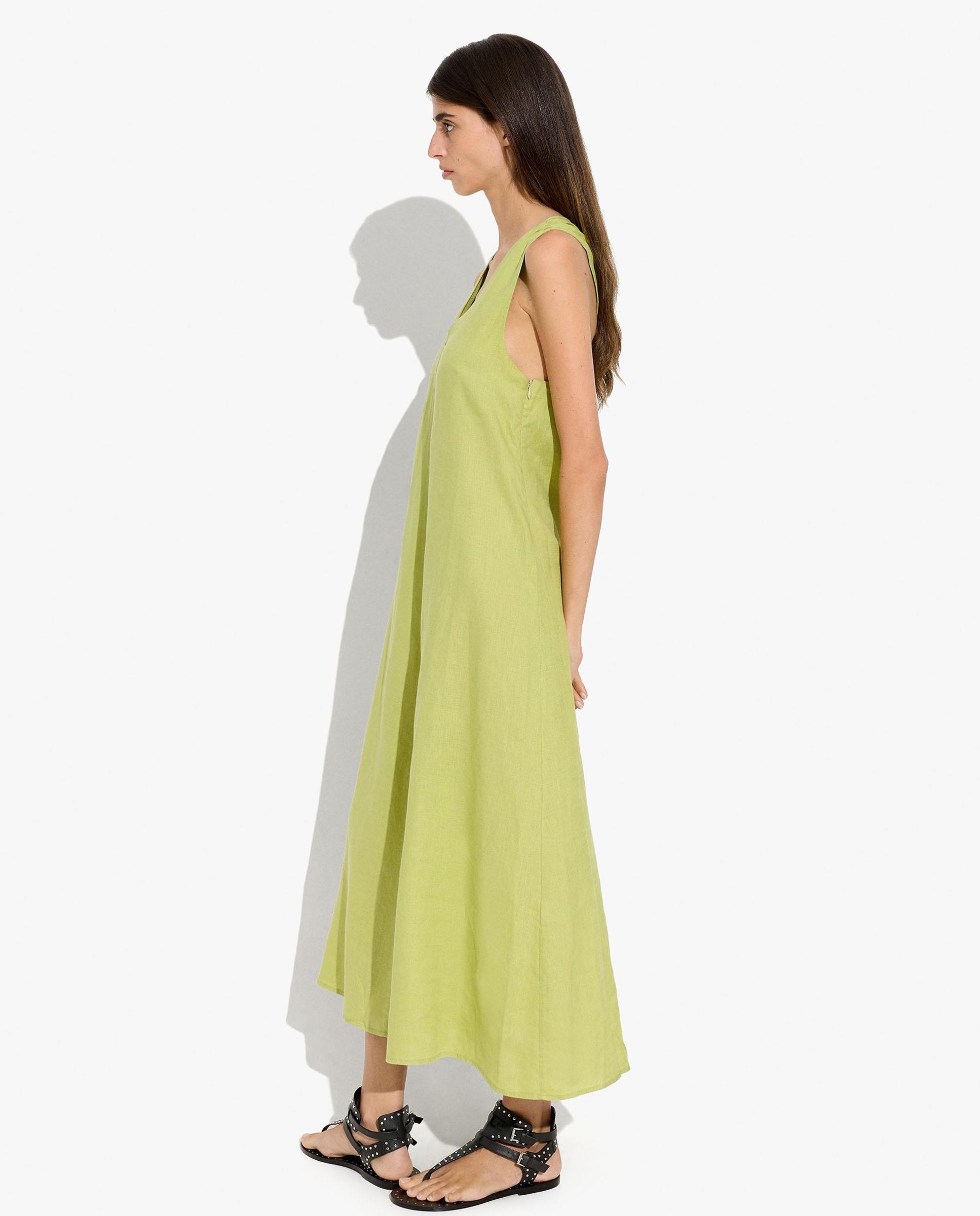 Vestido largo 100% lino fluido en liso - Parfois - Verde Verde-3