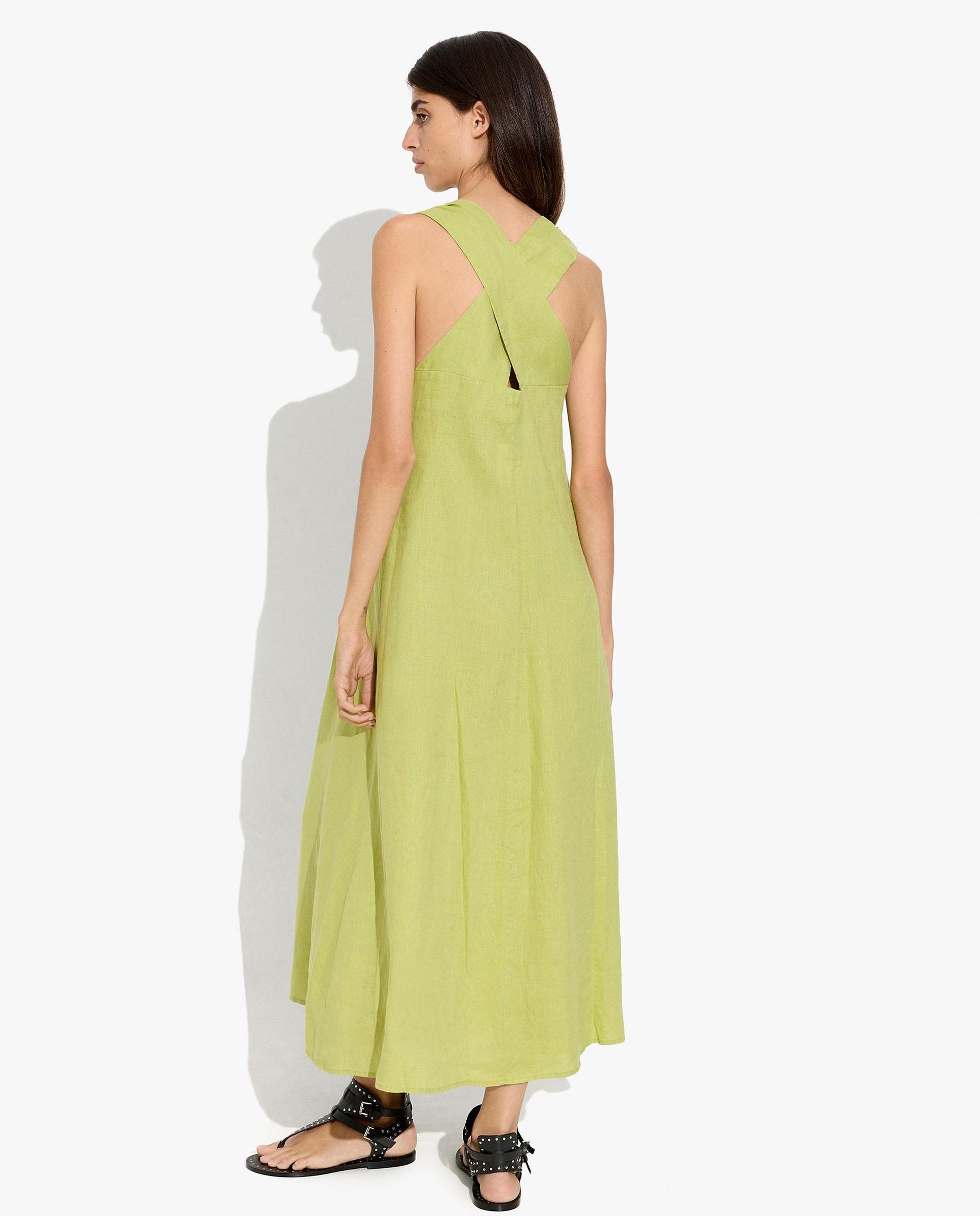 Vestido largo 100% lino fluido en liso - Parfois - Verde Verde-4