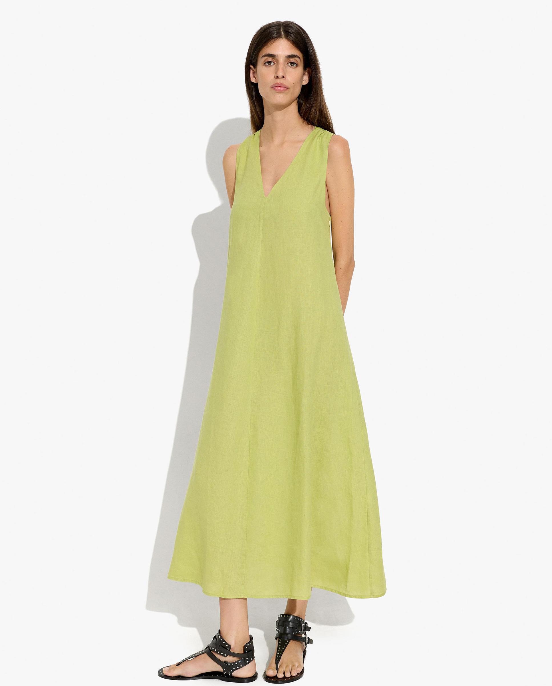 Vestido largo 100% lino fluido en liso - Parfois - Verde Verde-5