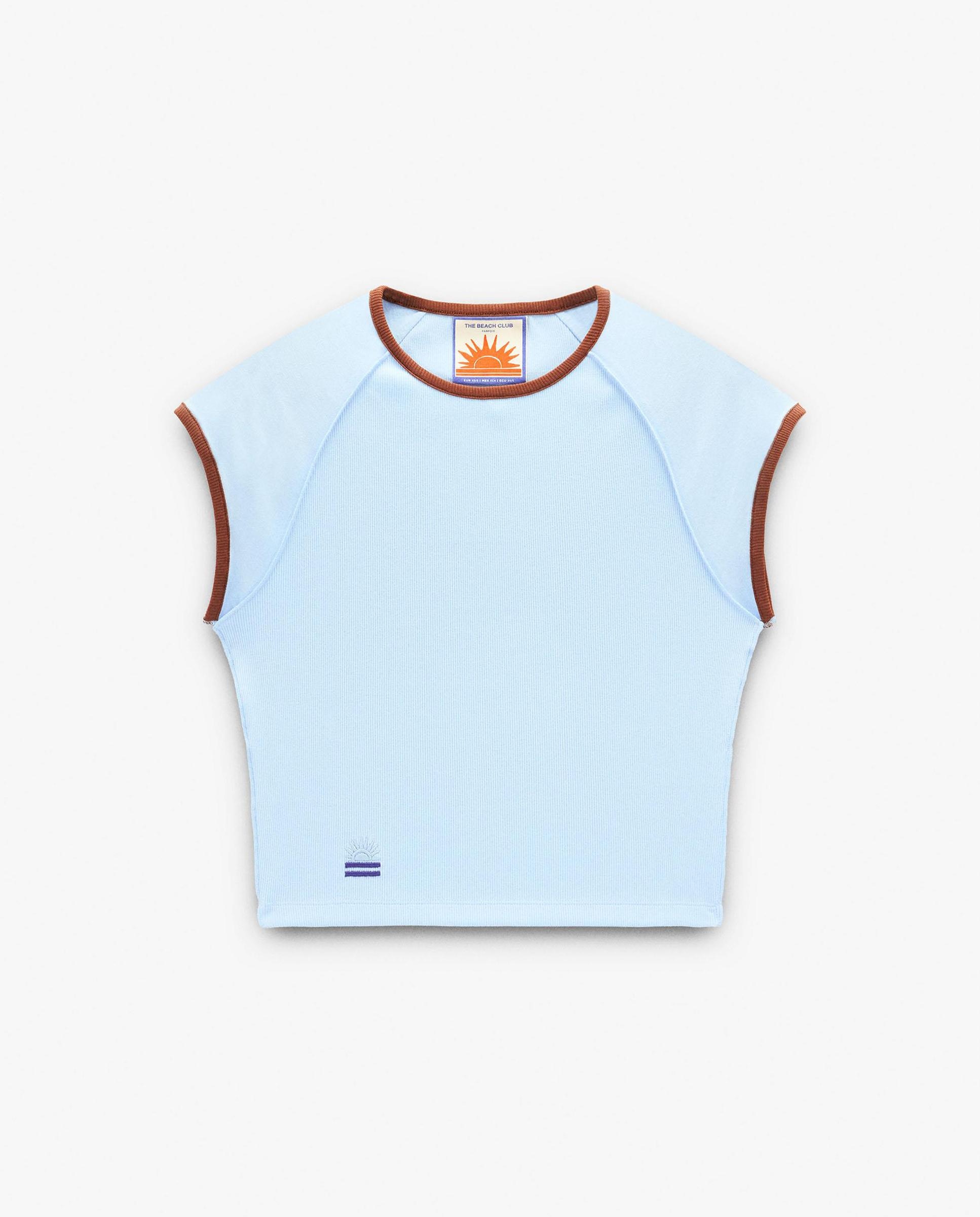 Camiseta de mujer cropped de manga corta en liso - Parfois - Azul Azul-6