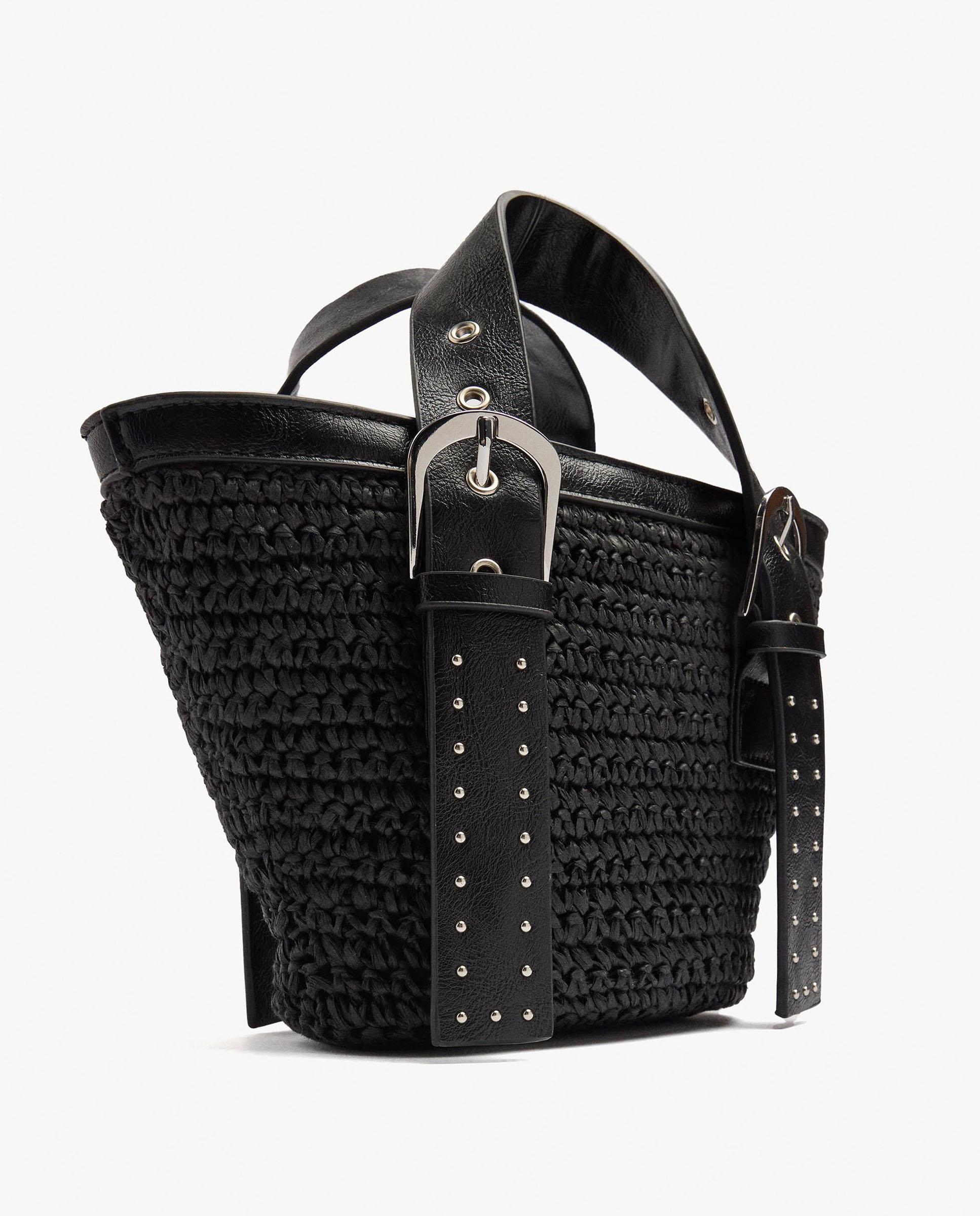 Bolso de mano estilo tote convertible a bandolera con detalle de hebilla y tachuelas en liso - Parfois - Negro Negro-3