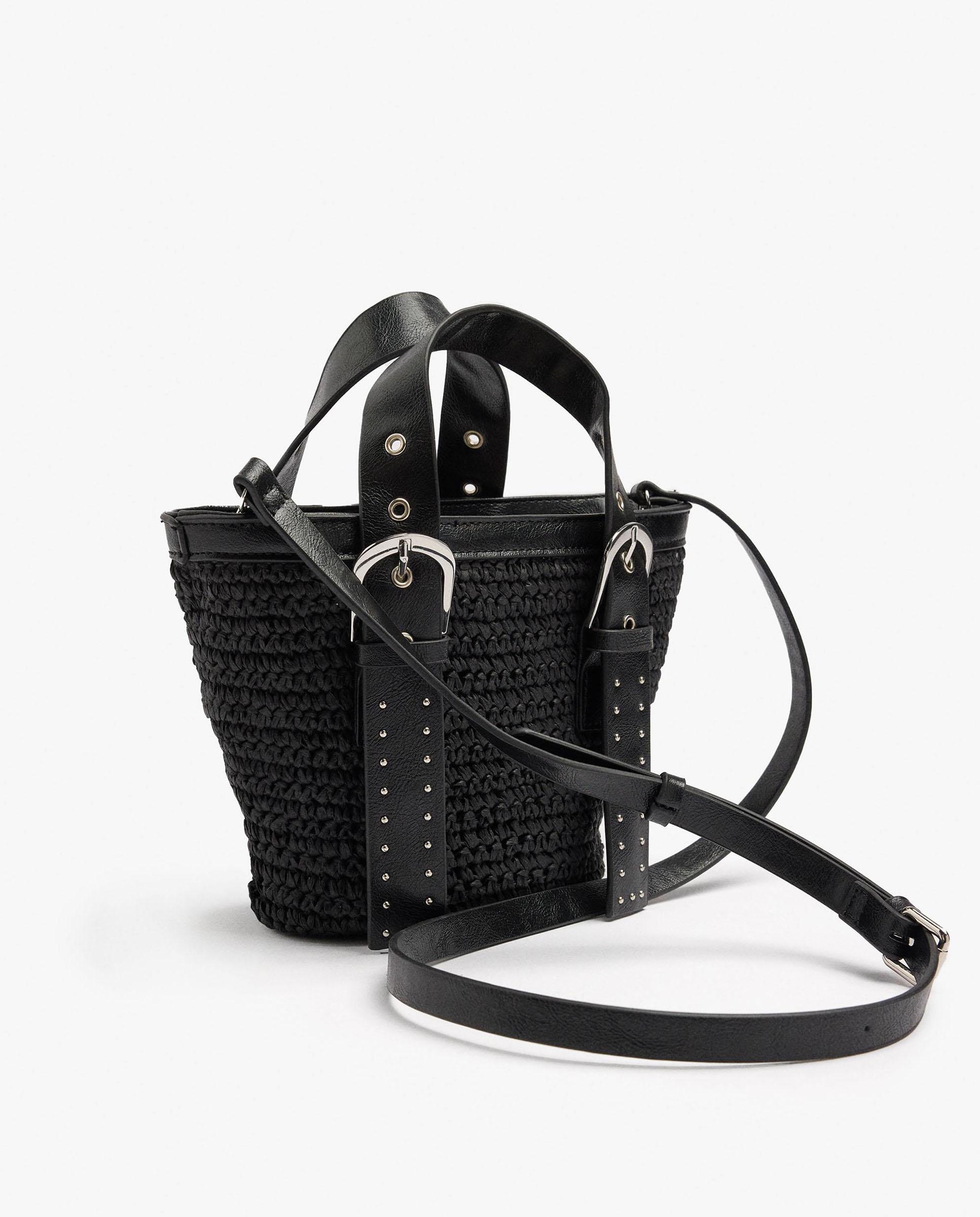 Bolso de mano estilo tote convertible a bandolera con detalle de hebilla y tachuelas en liso - Parfois - Negro Negro-2