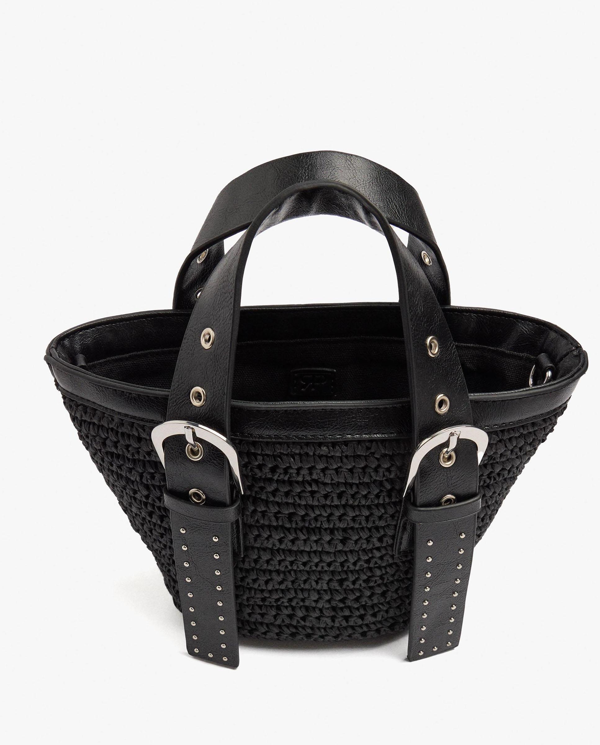 Bolso de mano estilo tote convertible a bandolera con detalle de hebilla y tachuelas en liso - Parfois - Negro Negro-4
