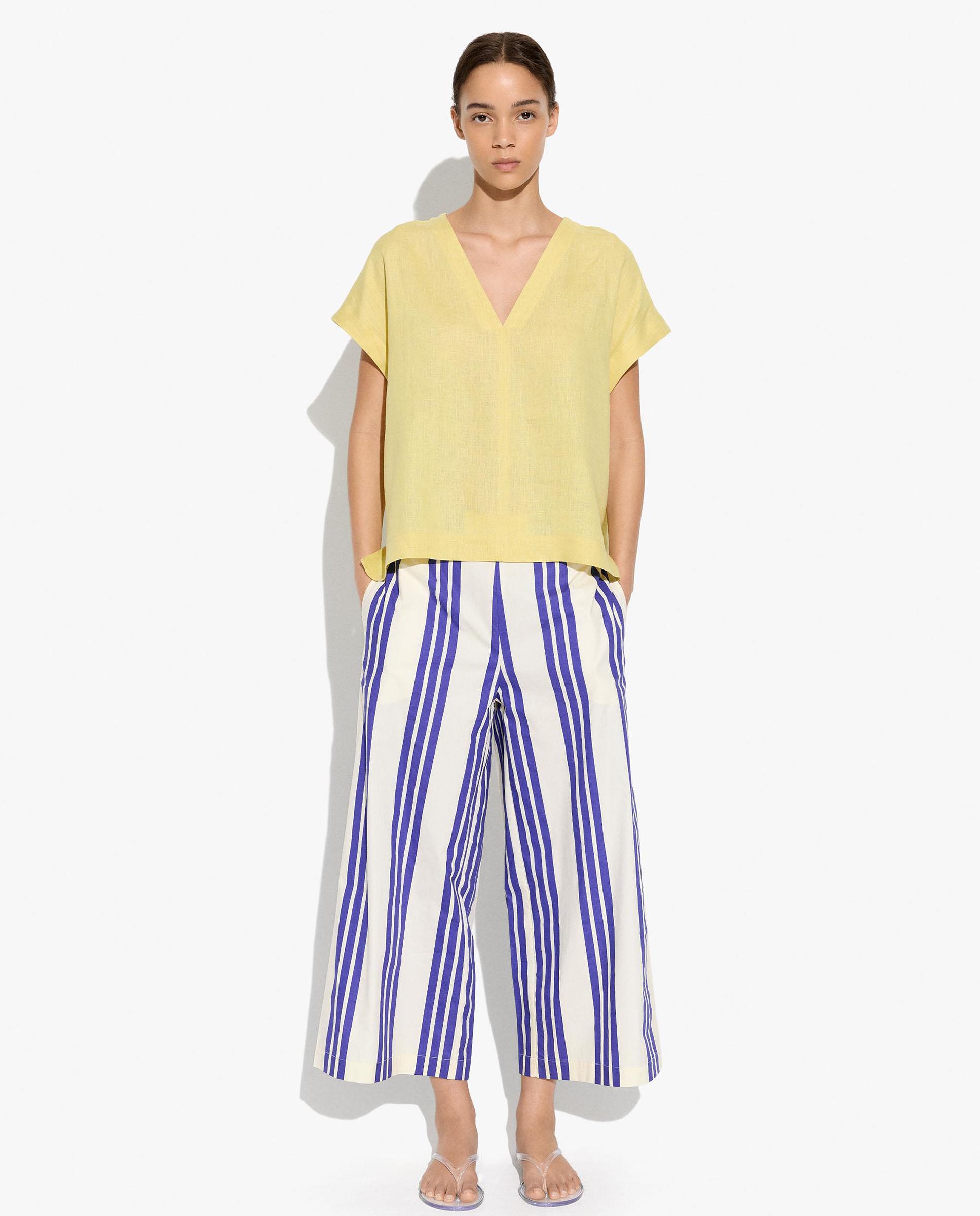 Blusa de mujer 100% lino de manga corta con cuello pico - Parfois - Amarillo Amarillo-2