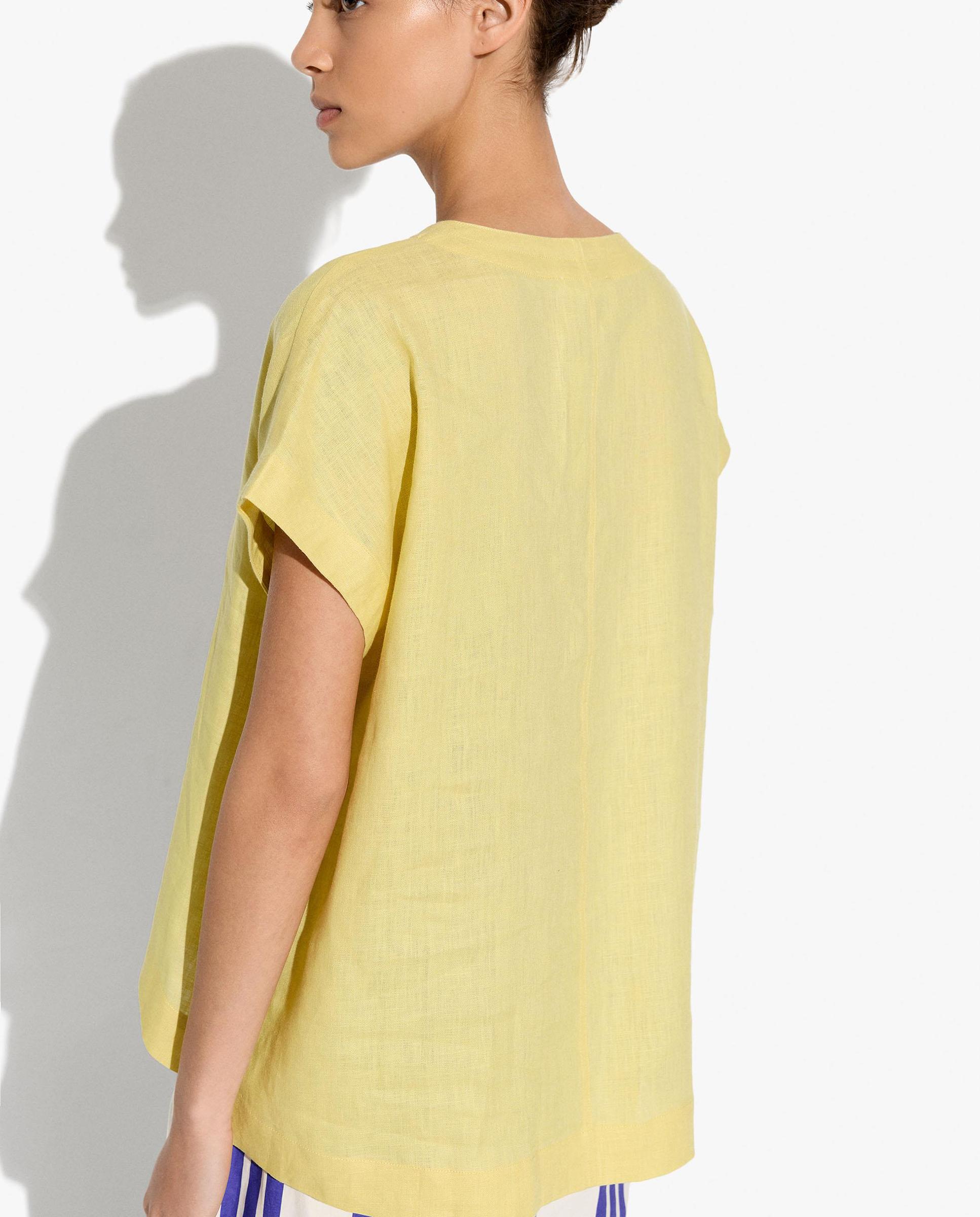 Blusa de mujer 100% lino de manga corta con cuello pico - Parfois - Amarillo Amarillo-5
