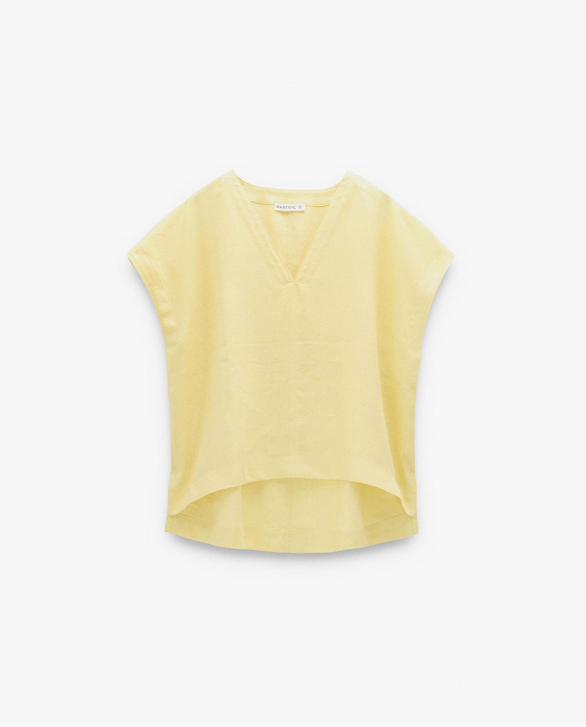 Blusa de mujer 100% lino de manga corta con cuello pico - Parfois - Amarillo Amarillo-7