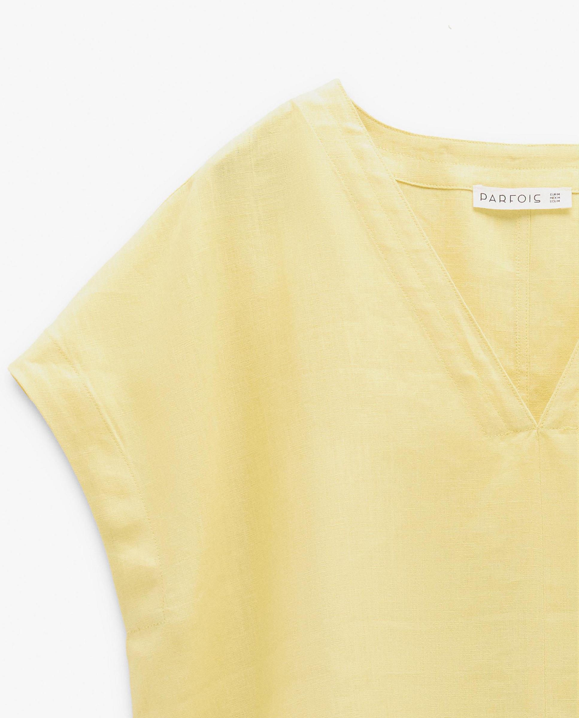 Blusa de mujer 100% lino de manga corta con cuello pico - Parfois - Amarillo Amarillo-6