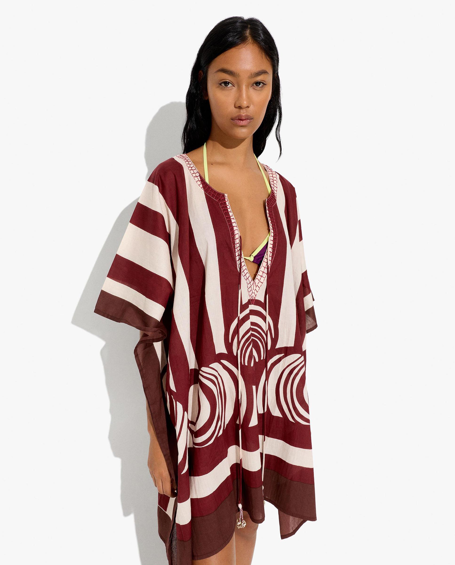 Caftán de mujer 100% algodón estilo túnica con estampado de rayas - Parfois - Burdeos Burdeos-2