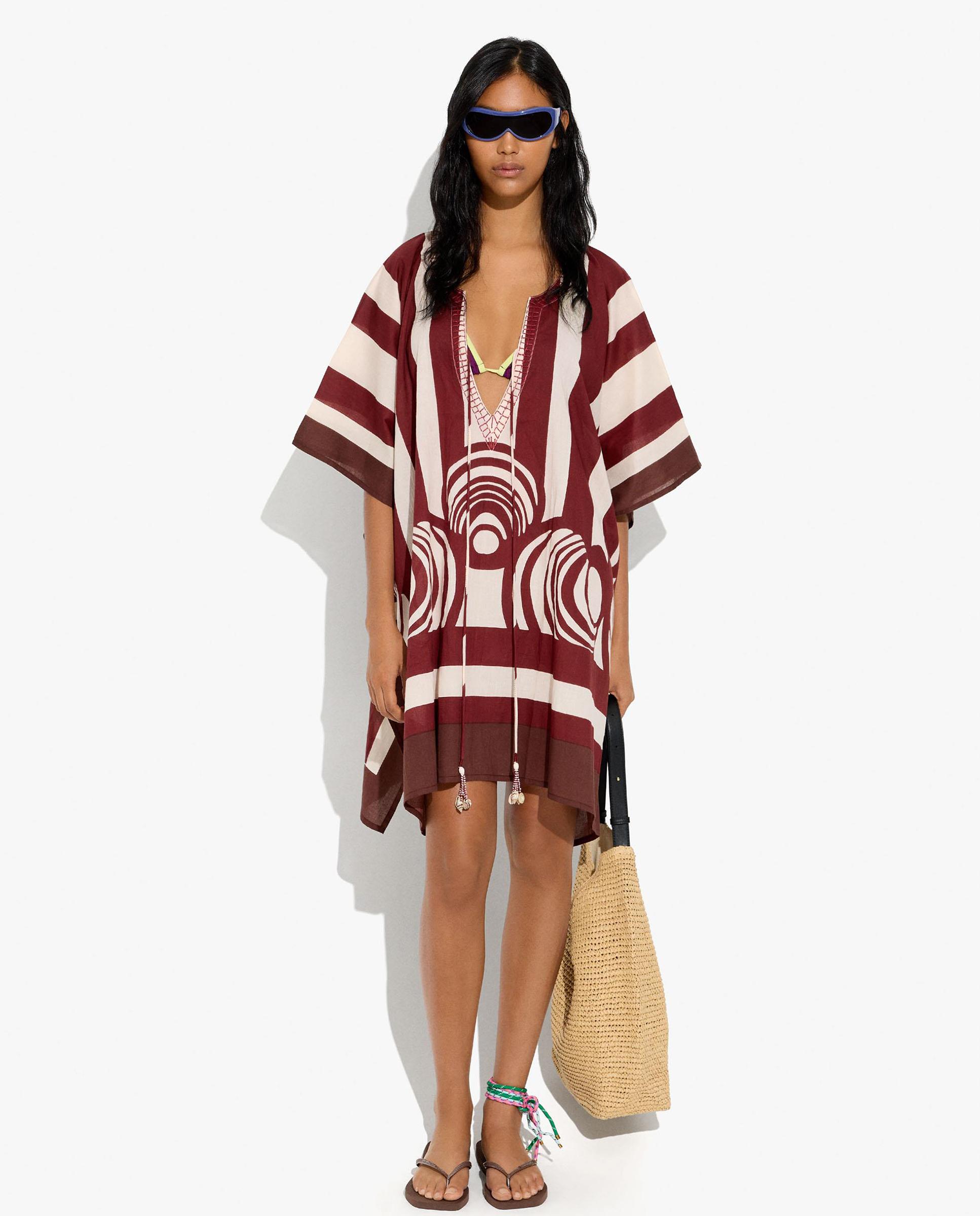 Caftán de mujer 100% algodón estilo túnica con estampado de rayas - Parfois - Burdeos Burdeos-5