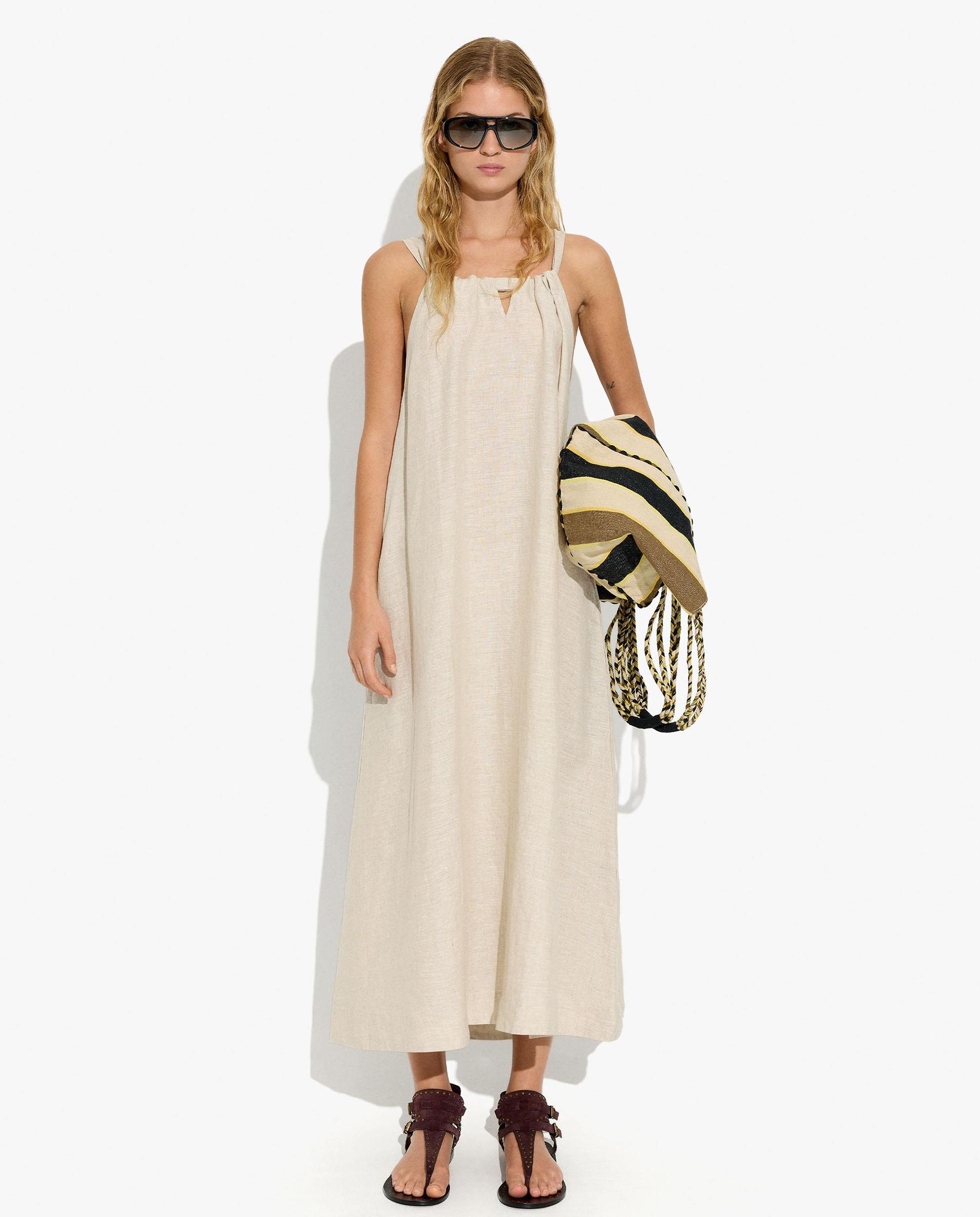Vestido largo 100% lino de tirantes en liso - Parfois - Natural Natural-1