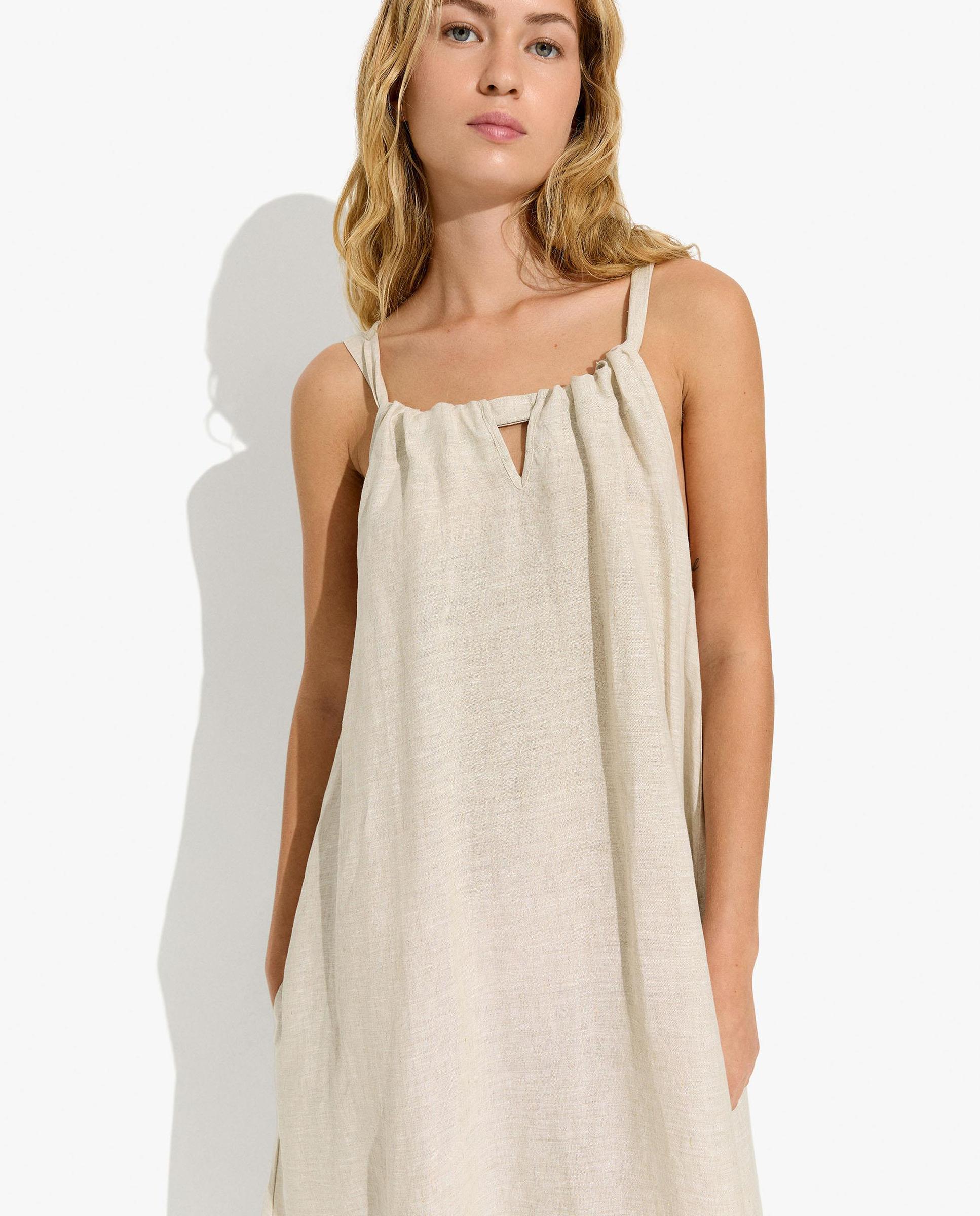 Vestido largo 100% lino de tirantes en liso - Parfois - Natural Natural-2