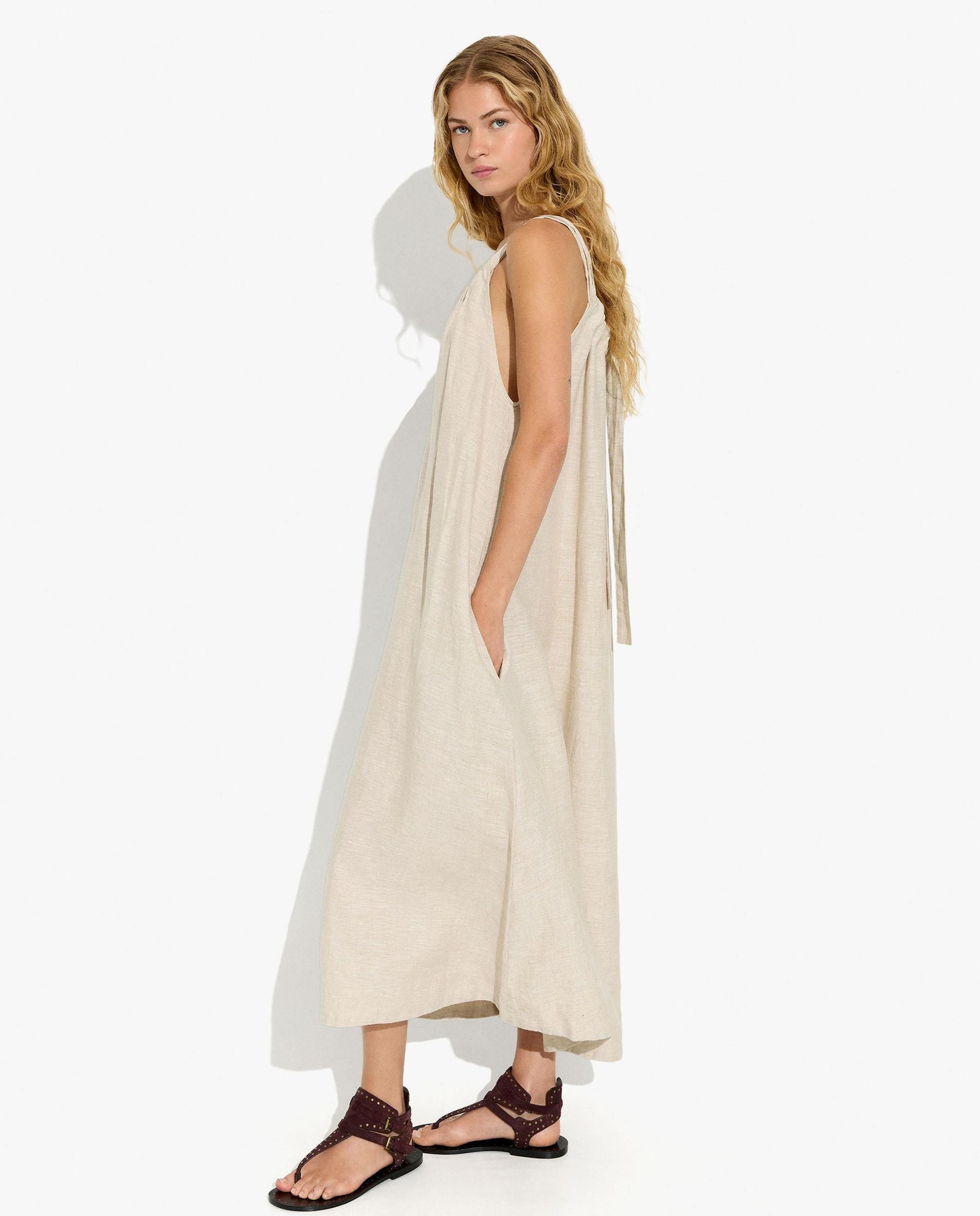 Vestido largo 100% lino de tirantes en liso - Parfois - Natural Natural-3