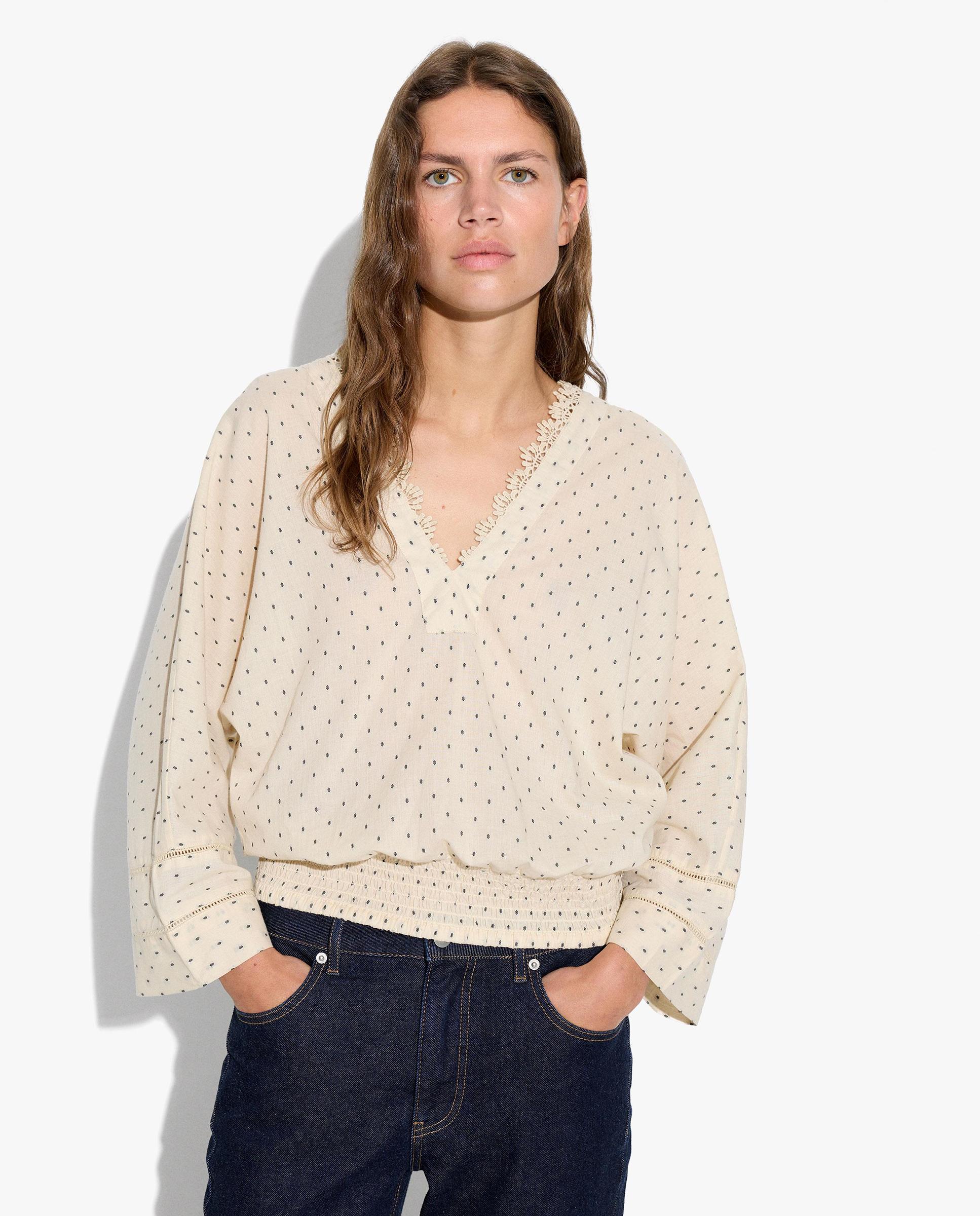 Parfois - Blusa de mujer 100% algodón con fruncido y microestampado.