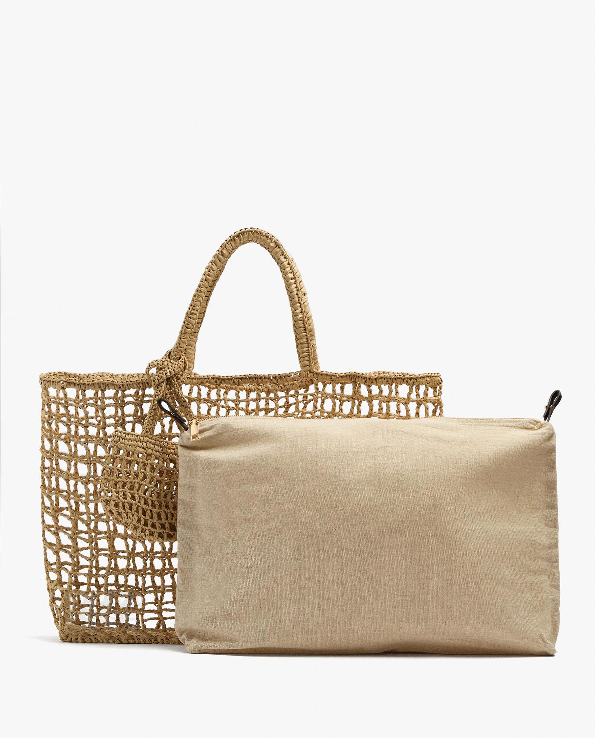 Shopper de red con neceser extraíble y cierre de cremallera en liso - Parfois - Natural Natural-3