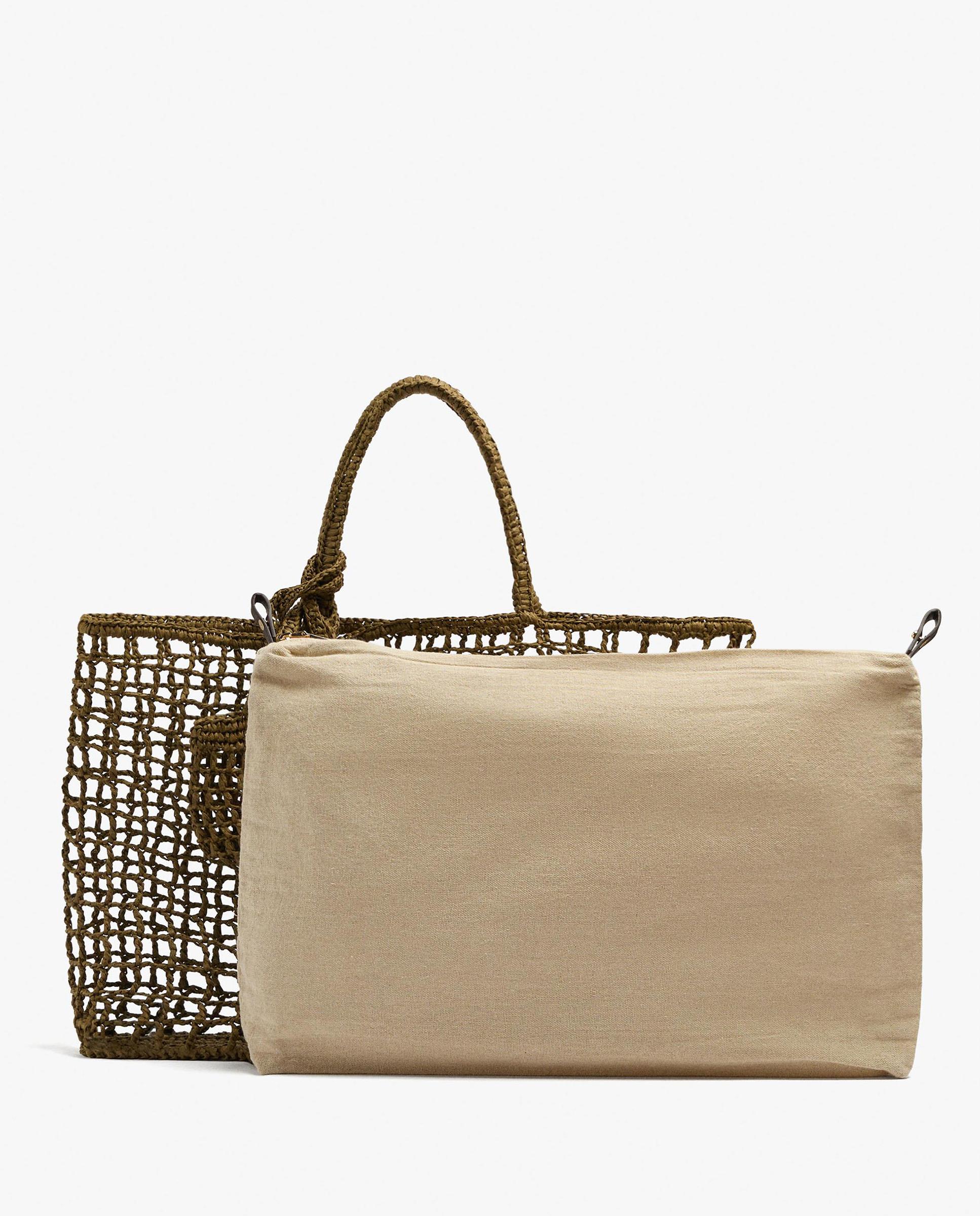 Shopper de red con neceser extraíble y cierre de cremallera en liso - Parfois - Kaki Kaki-3