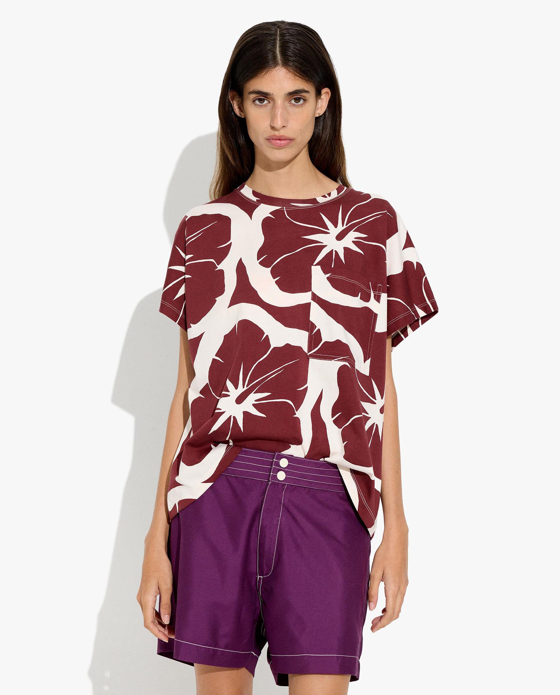 Camiseta de mujer 100% algodón de manga corta y estampado floral - Parfois - Burdeos Burdeos-1