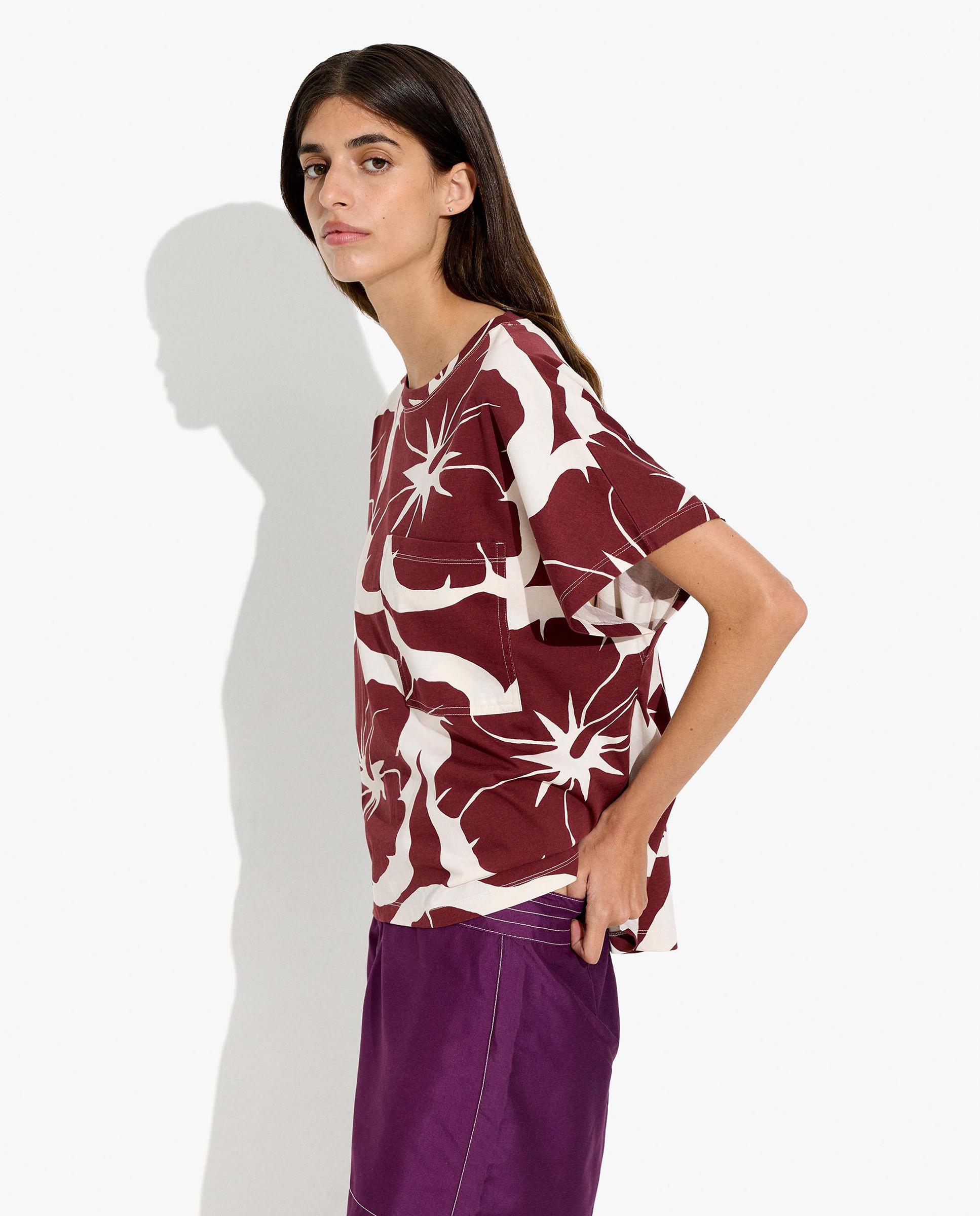 Camiseta de mujer 100% algodón de manga corta y estampado floral - Parfois - Burdeos Burdeos-3