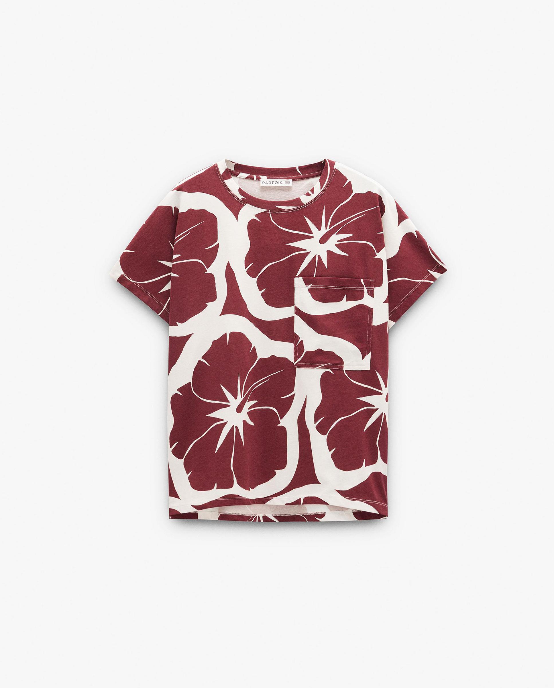 Camiseta de mujer 100% algodón de manga corta y estampado floral - Parfois - Burdeos Burdeos-6