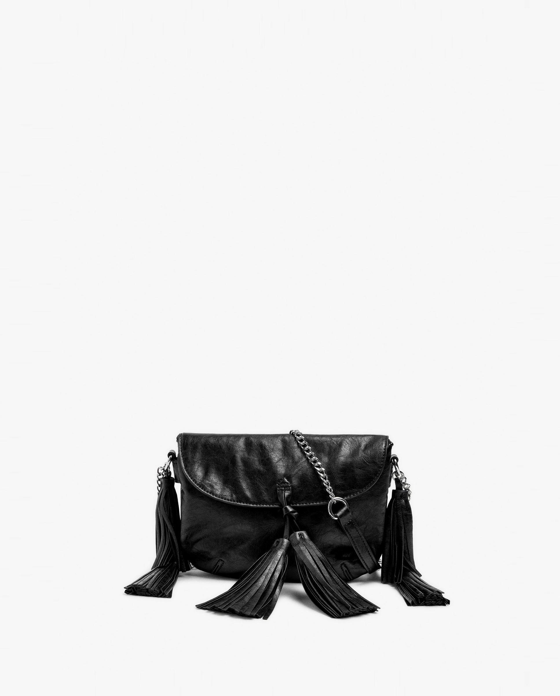 Bandolera de mujer con solapa y borlas decorativas con cierre imantado en liso - Parfois - Negro Negro-1