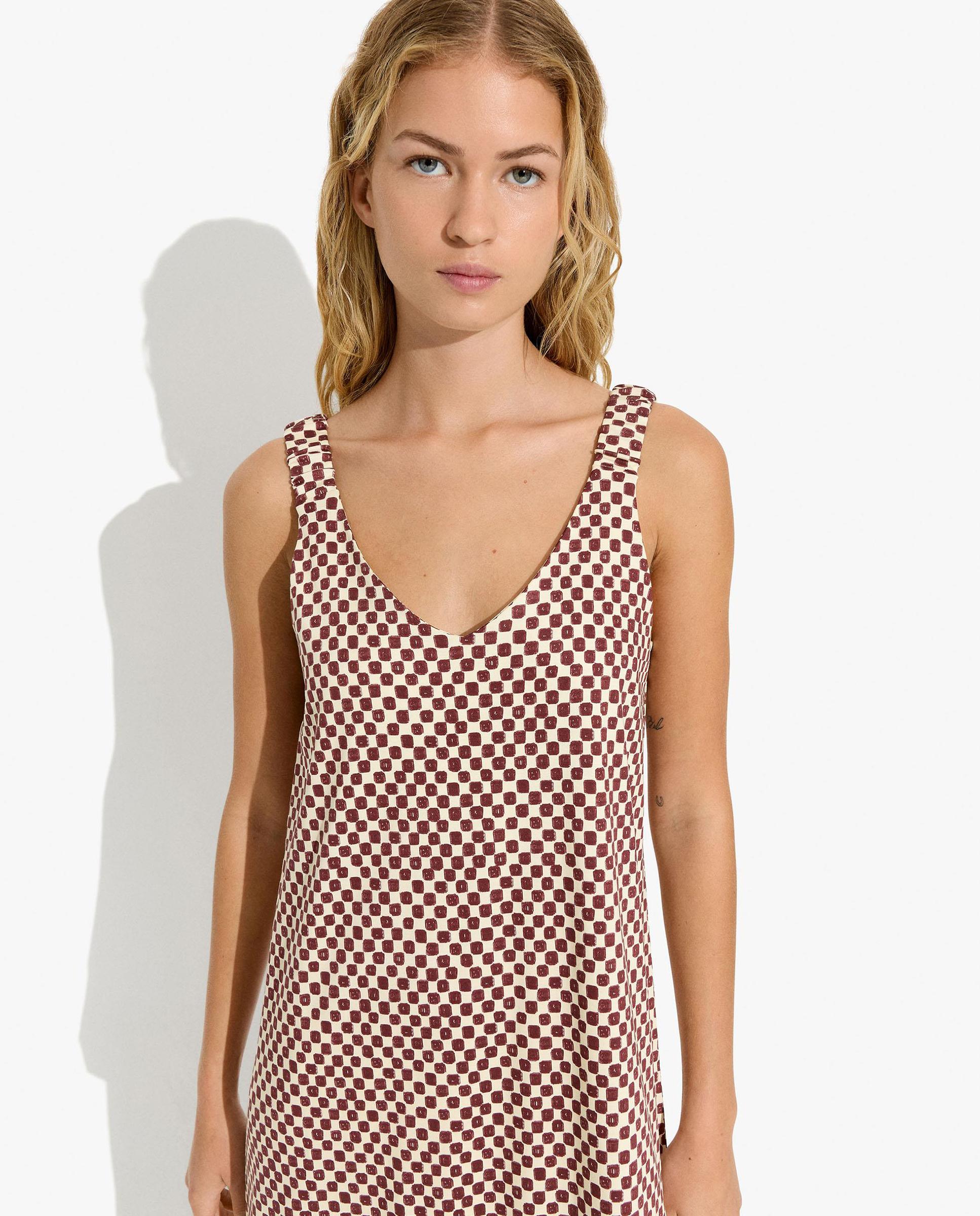 Vestido largo de tirantes con estampado de minicuadros - Parfois - Marrón oscuro Marrón oscuro-4